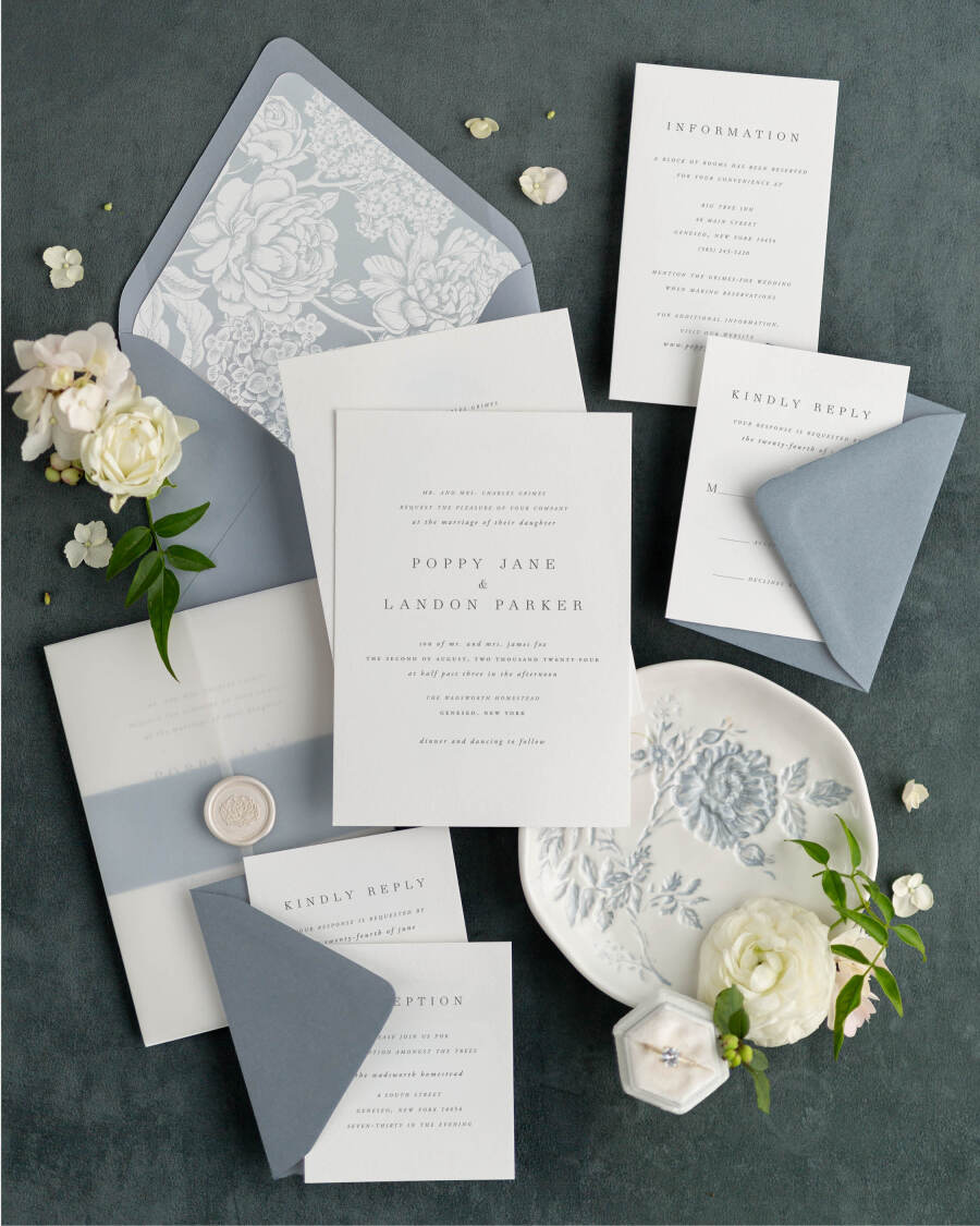 Poppy wedding invitations with glacier blue envelopes