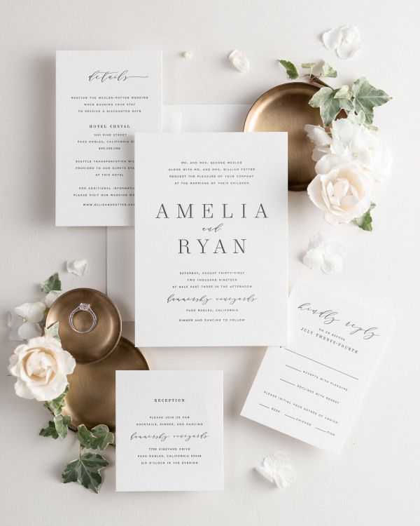 All pieces of the Amelia letterpress wedding invitation suite, including the invitation, small and large enclosures, and response card.
