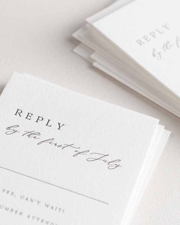 Dreamy close up shot of Annalena response cards. Deep impressions in the paper are a result of the letterpress printing process.