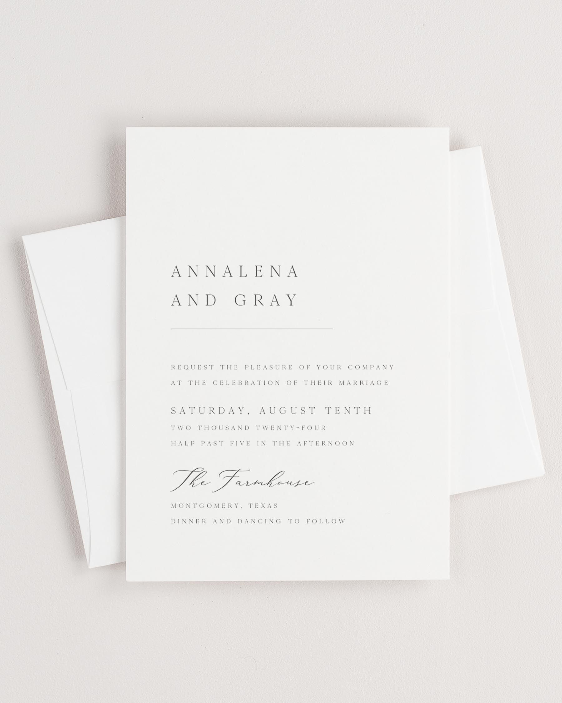 Simple close-up of Annalena invitation with an envelope.