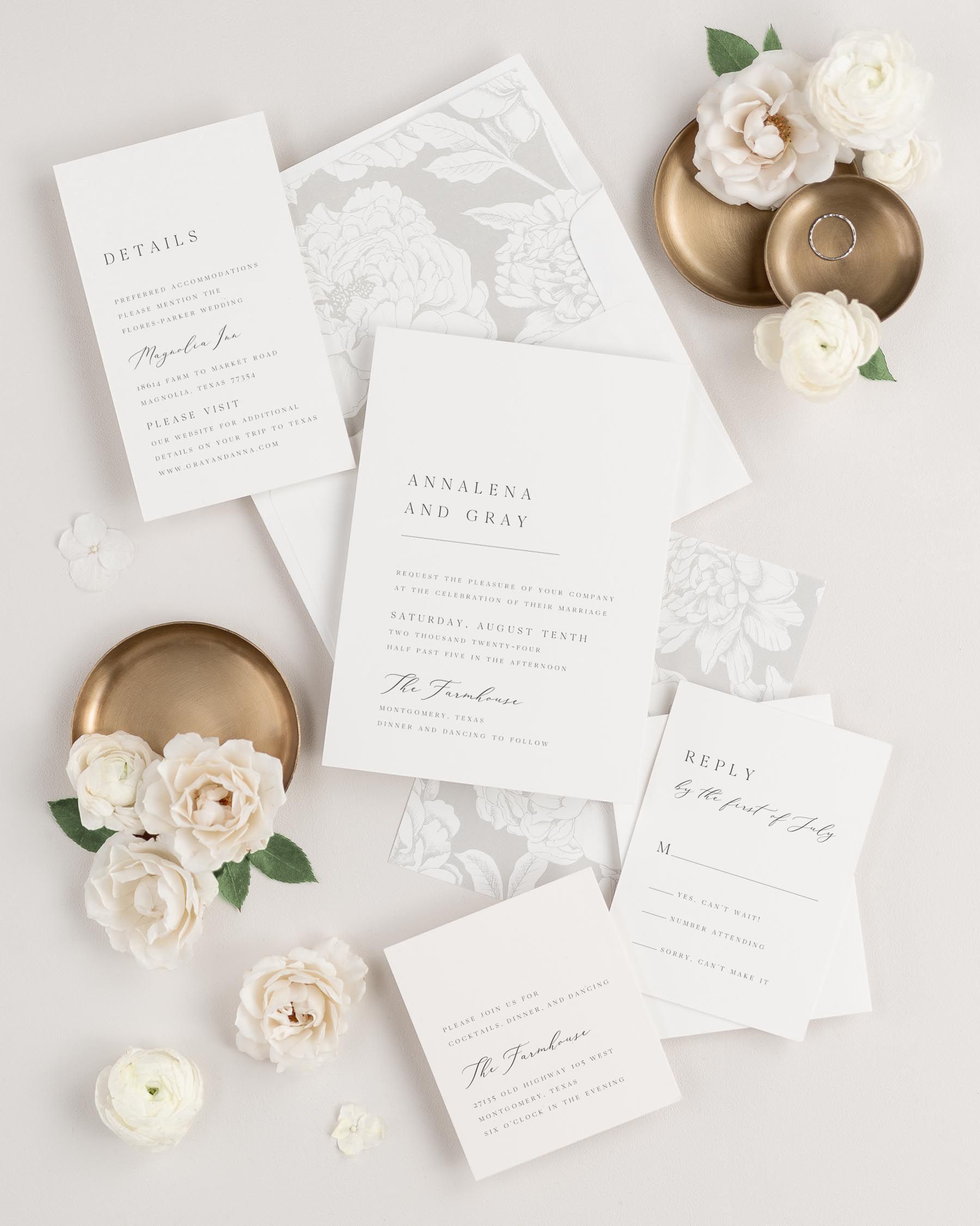Annalena wedding invitations flat lay with stone blooms liner.