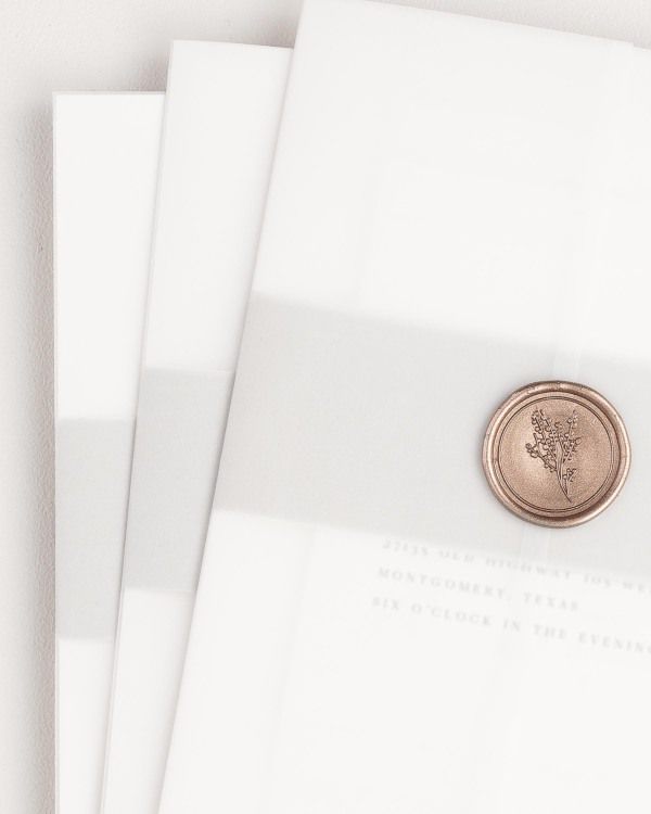 Annalena wedding invitation with a soft gray belly band, translucent vellum jacket, and bronze posy wax seal.