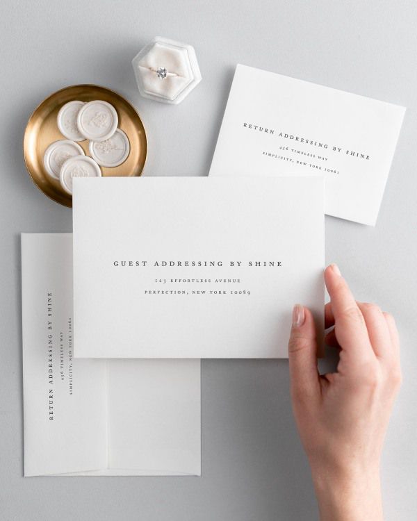 Aurora letterpress wedding invitation envelopes. The response envelope showcases our return addressing service, while the outer envelopes shows both guest and return addressing options.