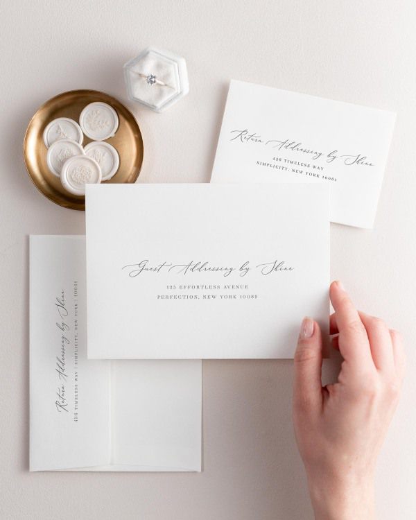 Austin letterpress wedding invitation envelopes. The response envelope showcases our return addressing service, while the outer envelopes shows both guest and return addressing options.