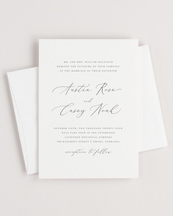 Simple close-up of Austin invitation with an envelope.