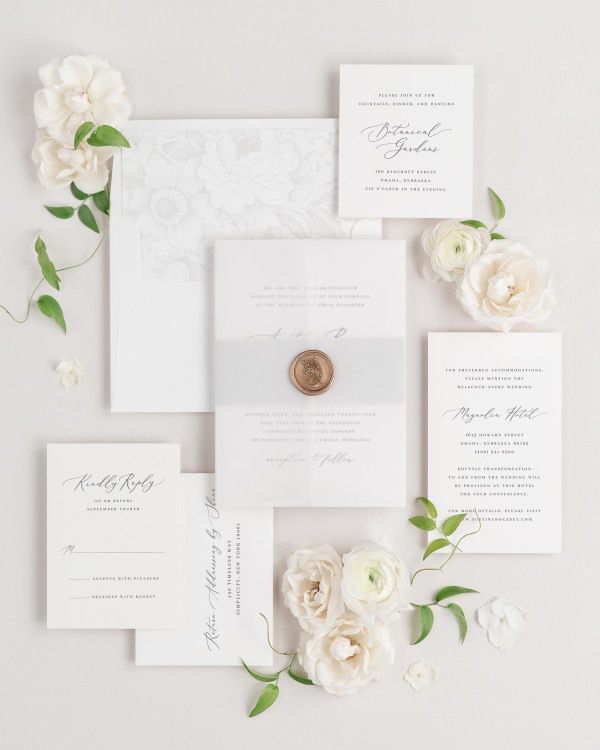 Austin wedding invitations flat lay with soft gray garden rose liner, soft gray belly band, translucent vellum jacket, and gold posy wax seal.