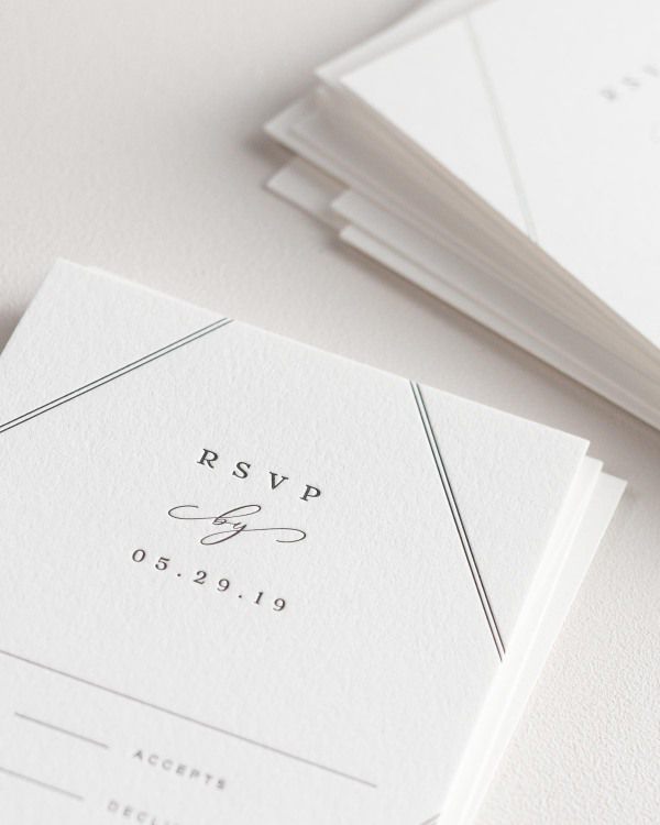 Dreamy close up shot of Bethany response cards. Deep impressions in the paper are a result of the letterpress printing process.