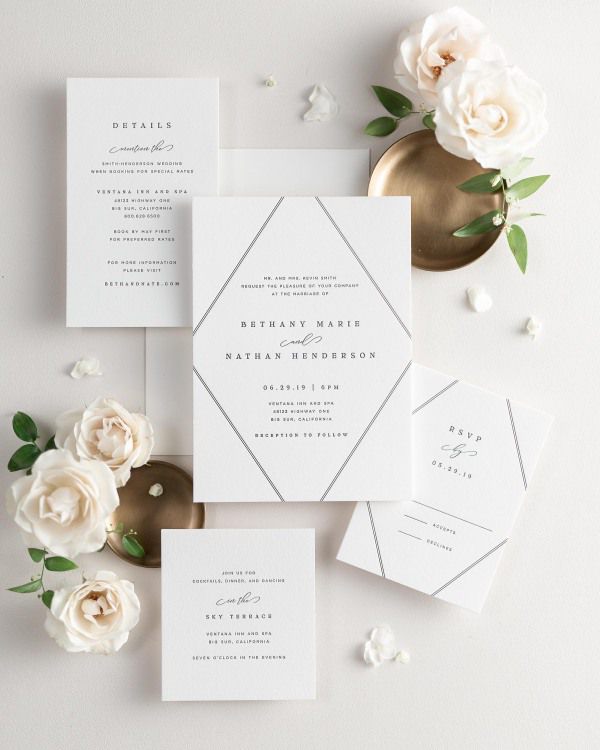 All pieces of the Bethany letterpress wedding invitation suite, including the invitation, small and large enclosures, and response card.