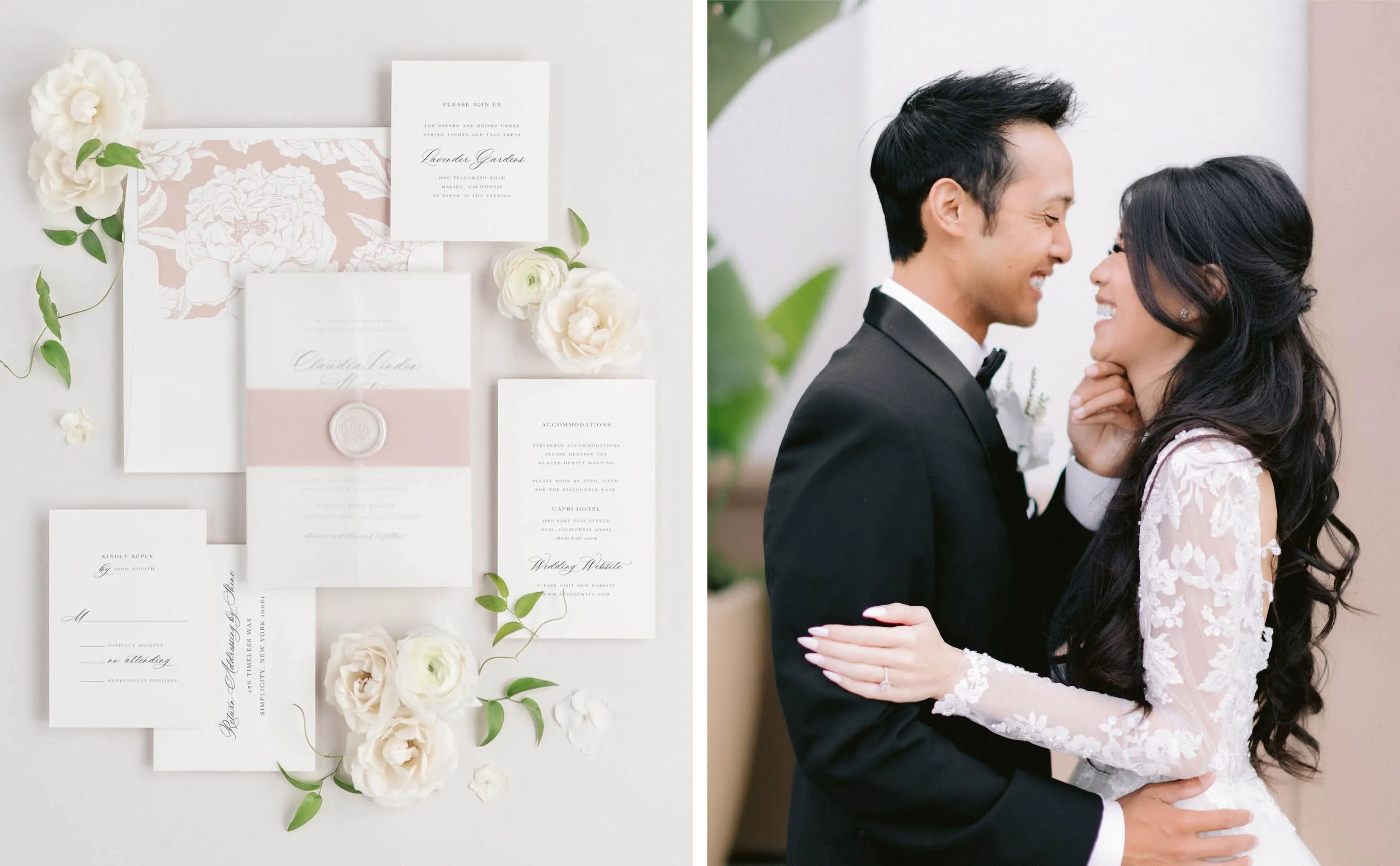 Claudia Wedding Invitation Suite styled with Rosewater belly band, Blooms envelope liner, and vellum jacket and pearl wax seal | A Bride and Groom