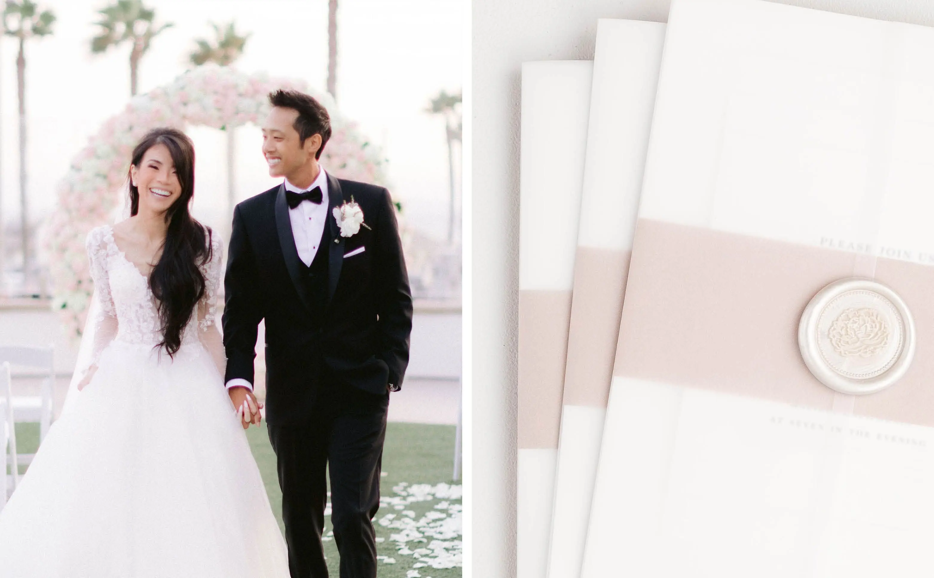 A Bride and Groom | Claudia Wedding Invitation Suite Assembled with Vellum Jacket and Pearl Wax Seal