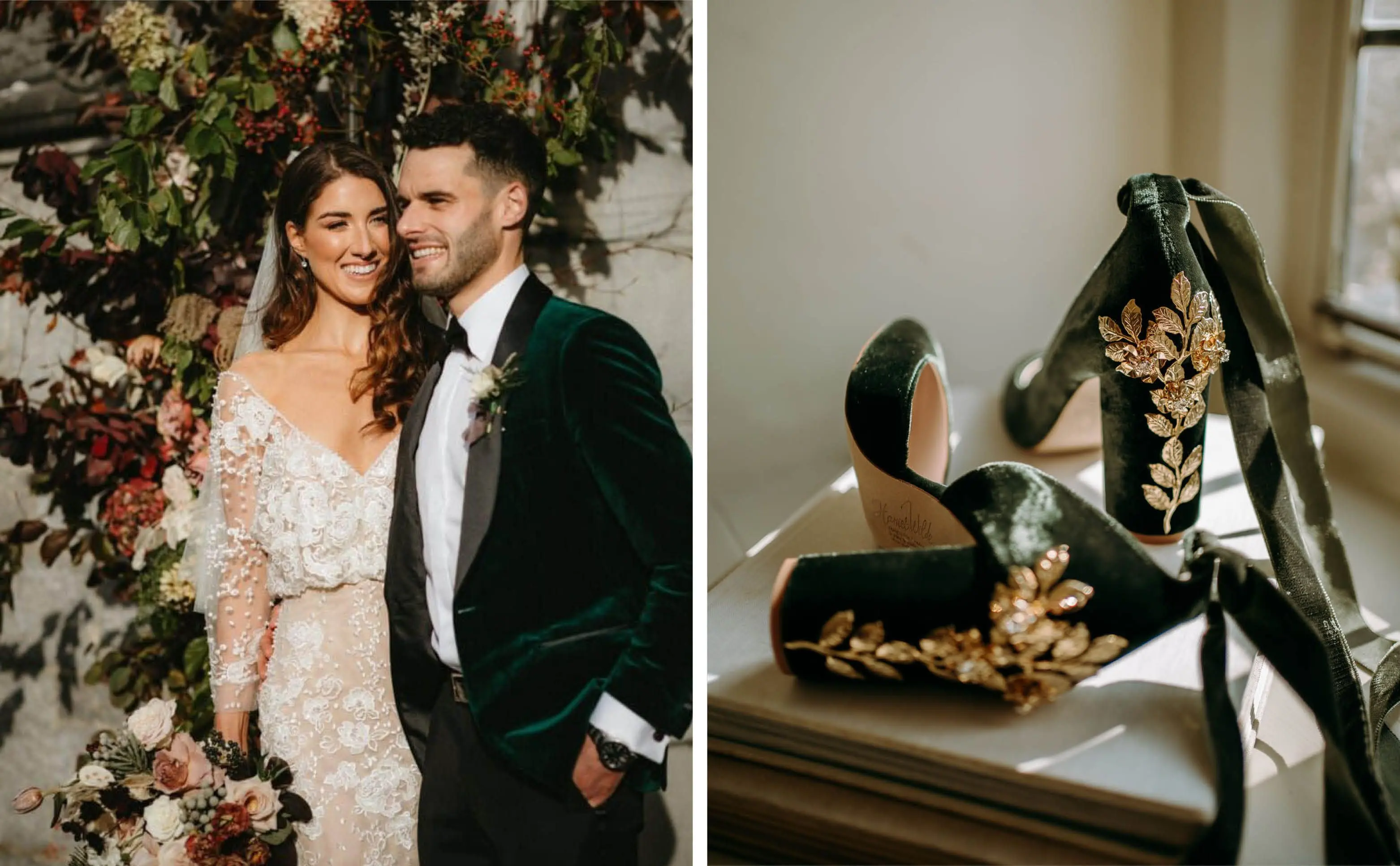 A Bride and Groom Stand in Front of a Large Floral Arch | Green Wedding Shoes with Gold Metallic Accents on the Heels