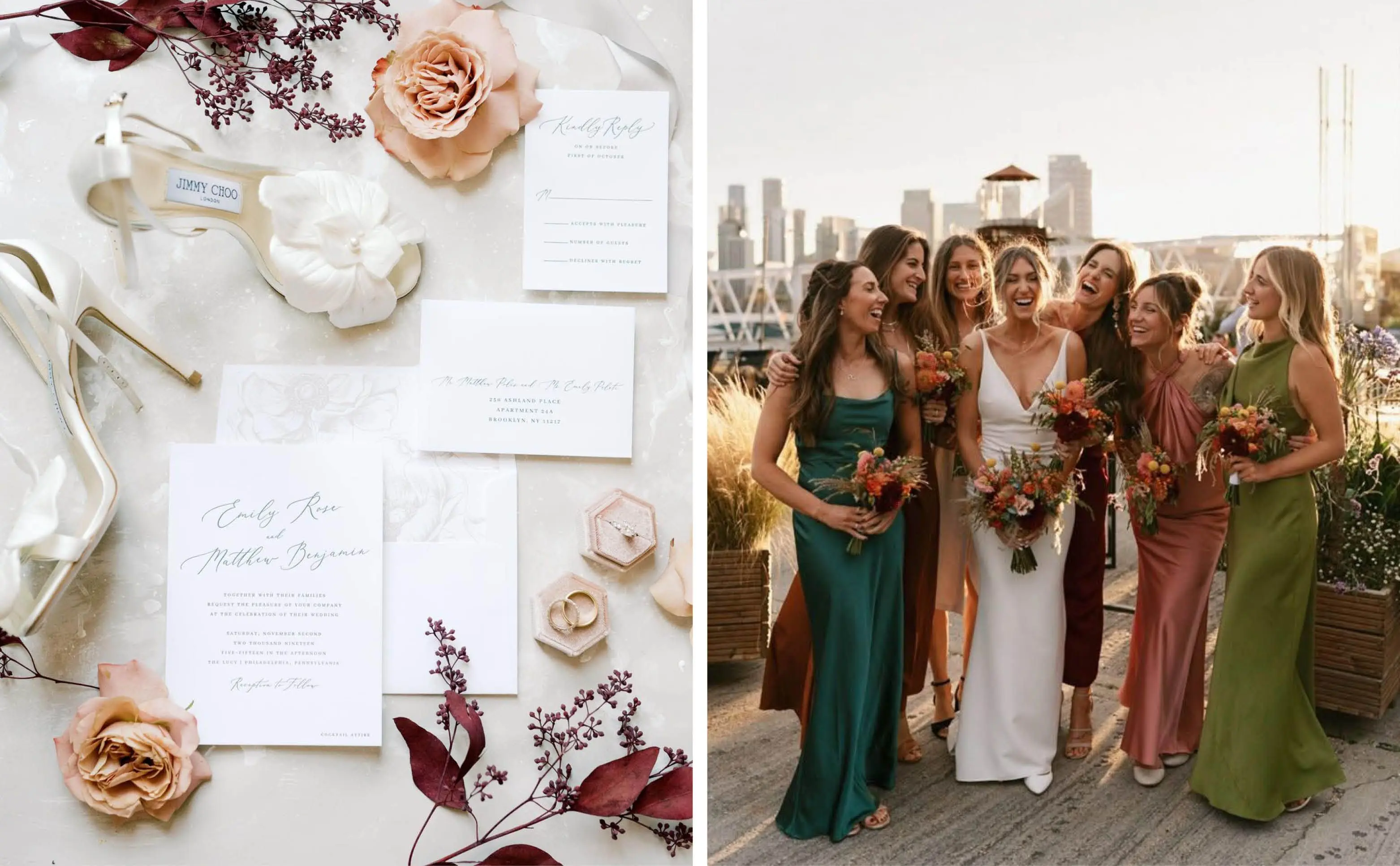 Austin Wedding Invitations | A Bride and Her Bridesmaids Dressed in Mixed Green and Red Tones