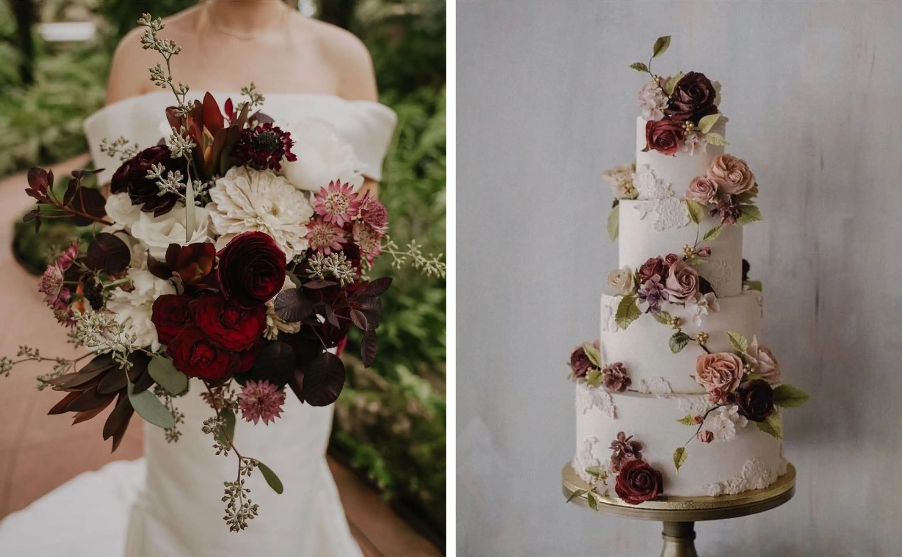 A Bride Holding a Large Burgundy and Blush Bridal Bouquet | A Four Tier Wedding Cake with Burgundy, Deep Purple, and Blush Florals