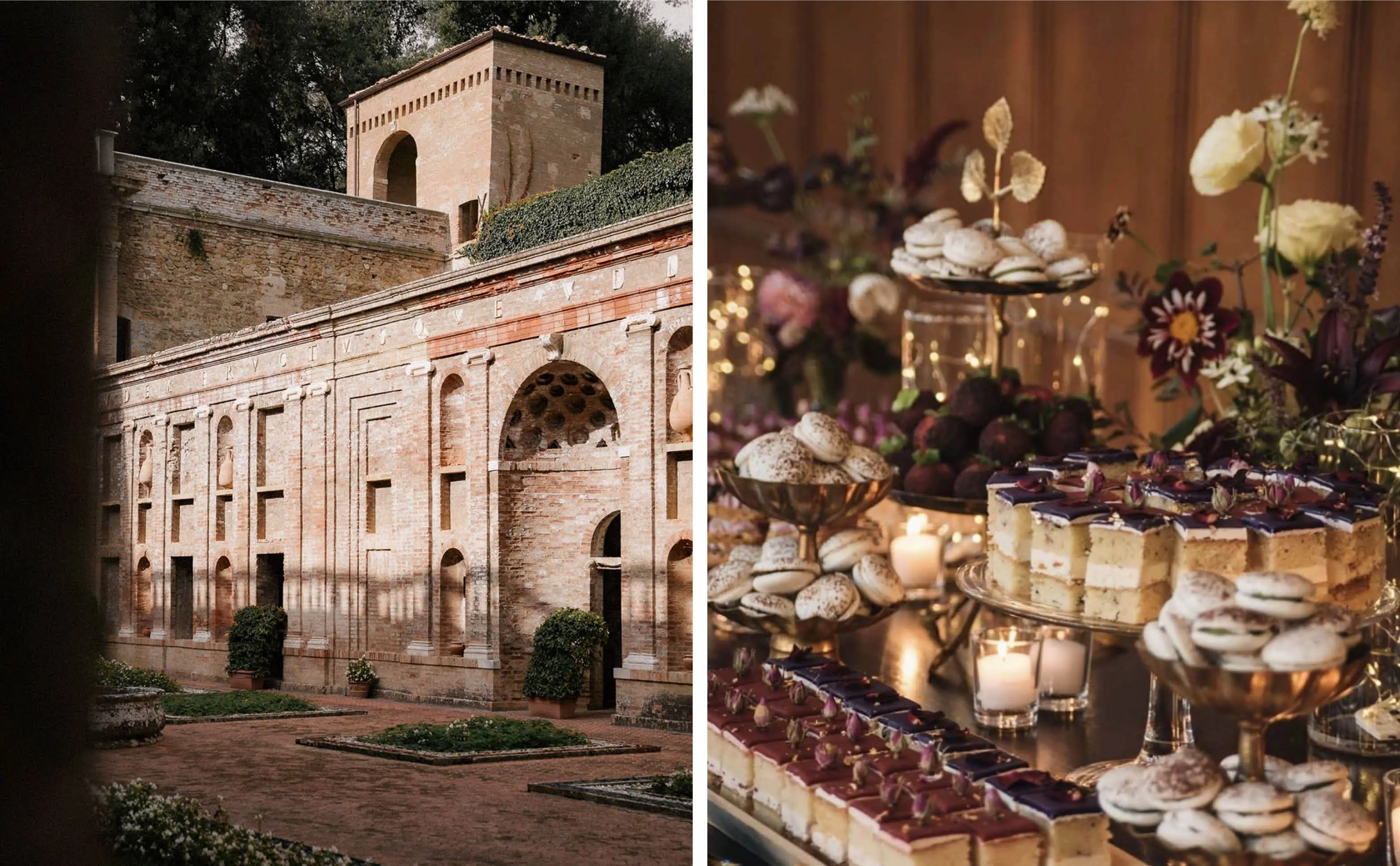 A Brick Wedding Venue Courtyard | A Dessert Table with Cake Slices, Macarons, and Floral Decorations