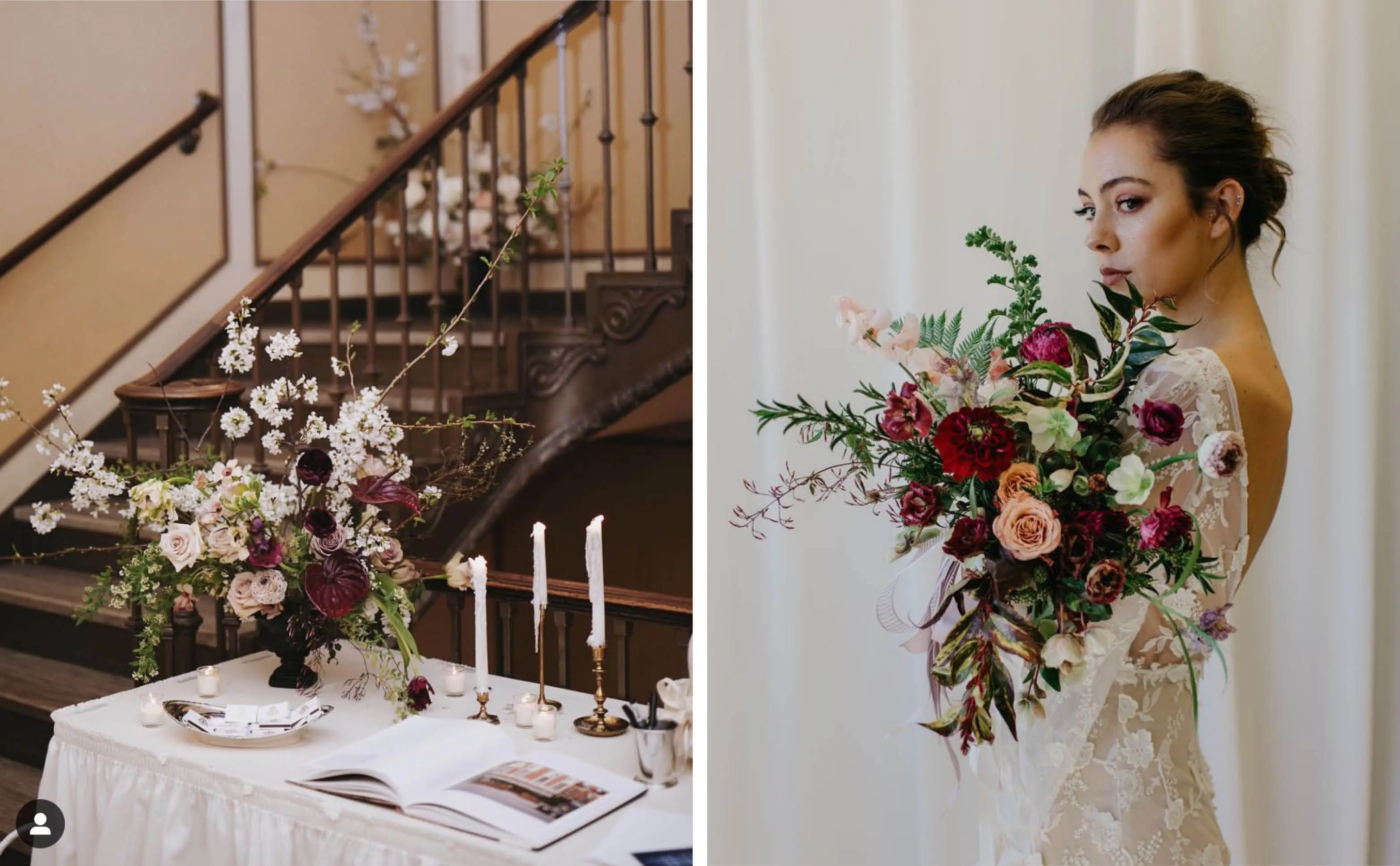 Guestbook Table Styled with a Burgundy and Neutral Floral Arrangement | A Bride with a Burgundy and Green Bridal Bouquet