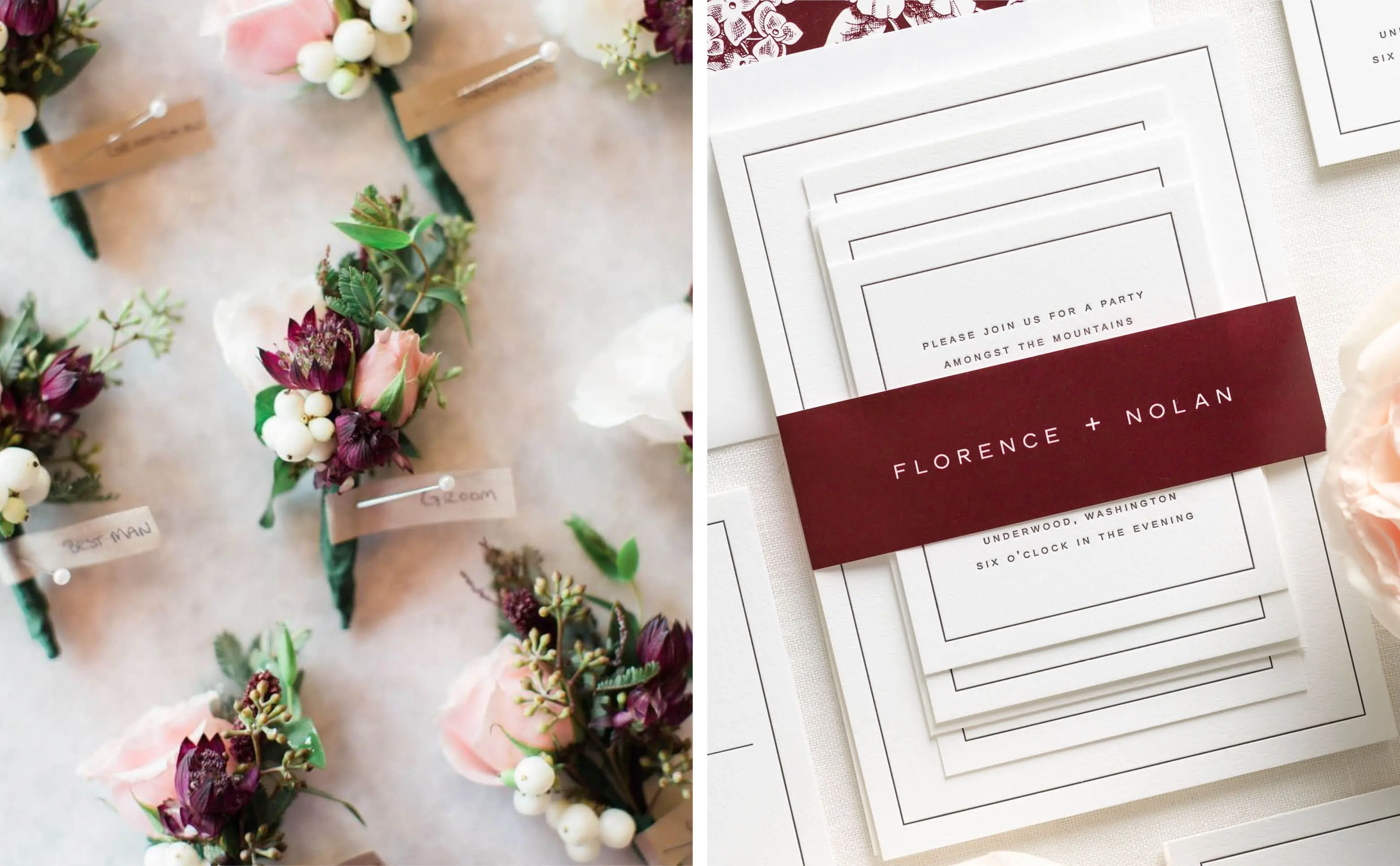 Pink and Burgundy Boutonnieres | Florence Wedding Invitations with a Cabernet Belly Band