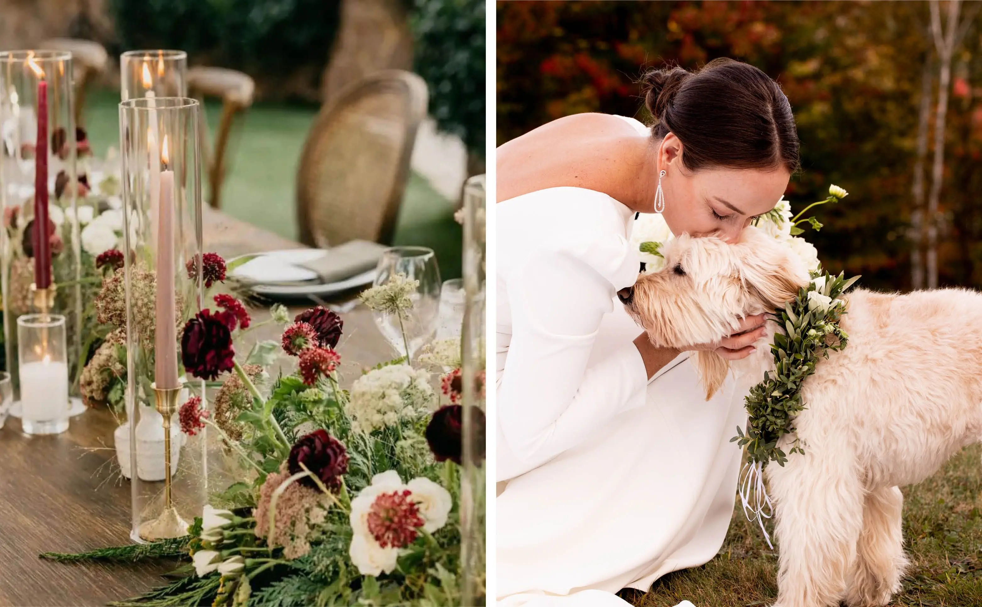 Reception Table with Blush and Burgundy Candlesticks and Florals | Bride Kissing Her Dog of Honor