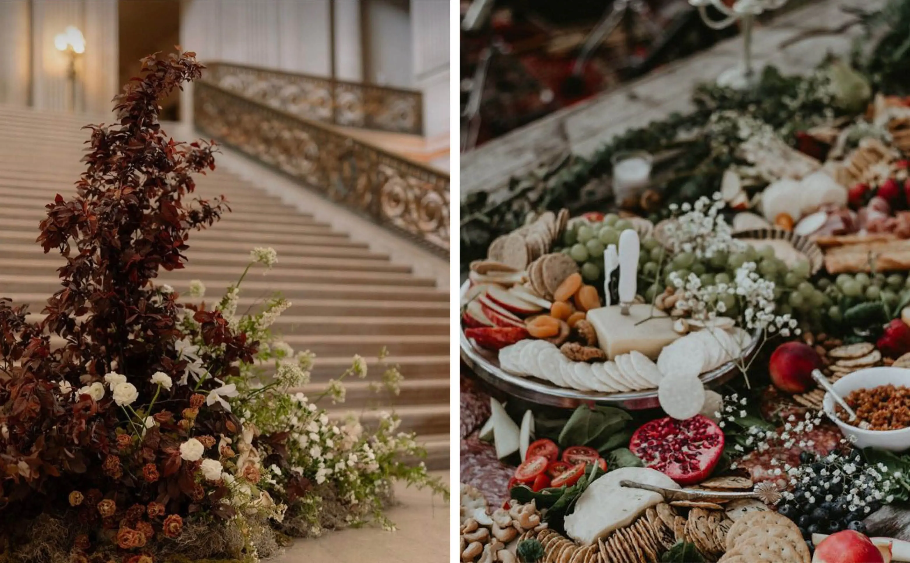 A Burgundy and Moss Green Floral Arrangement Styled by a Staircase | A Grazing Table with Cheeses, Fruits, and Crackers