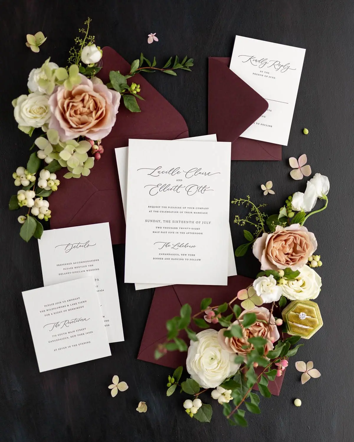 Lucille Letterpress Wedding Invitations with Claret Envelopes