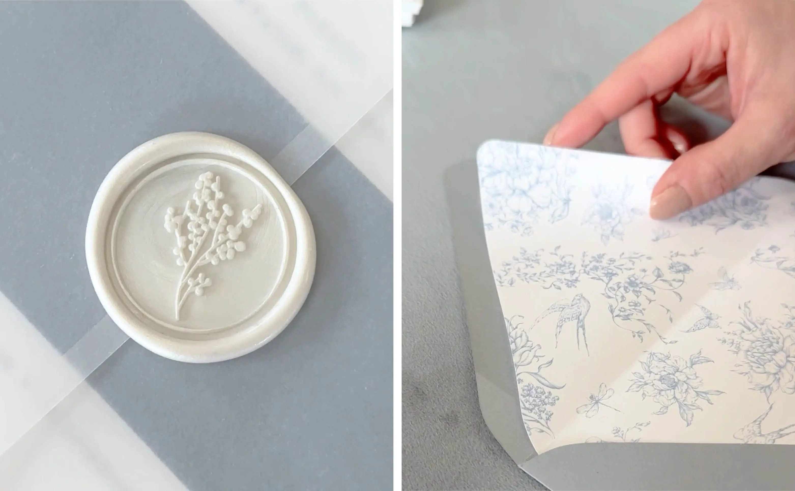 Phoebe Letterpress Wedding Invitations with Vellum Jacket and Pearl Wax Seal, Light Blue Colored Envelope with Light Blue Wren Envelope Liner