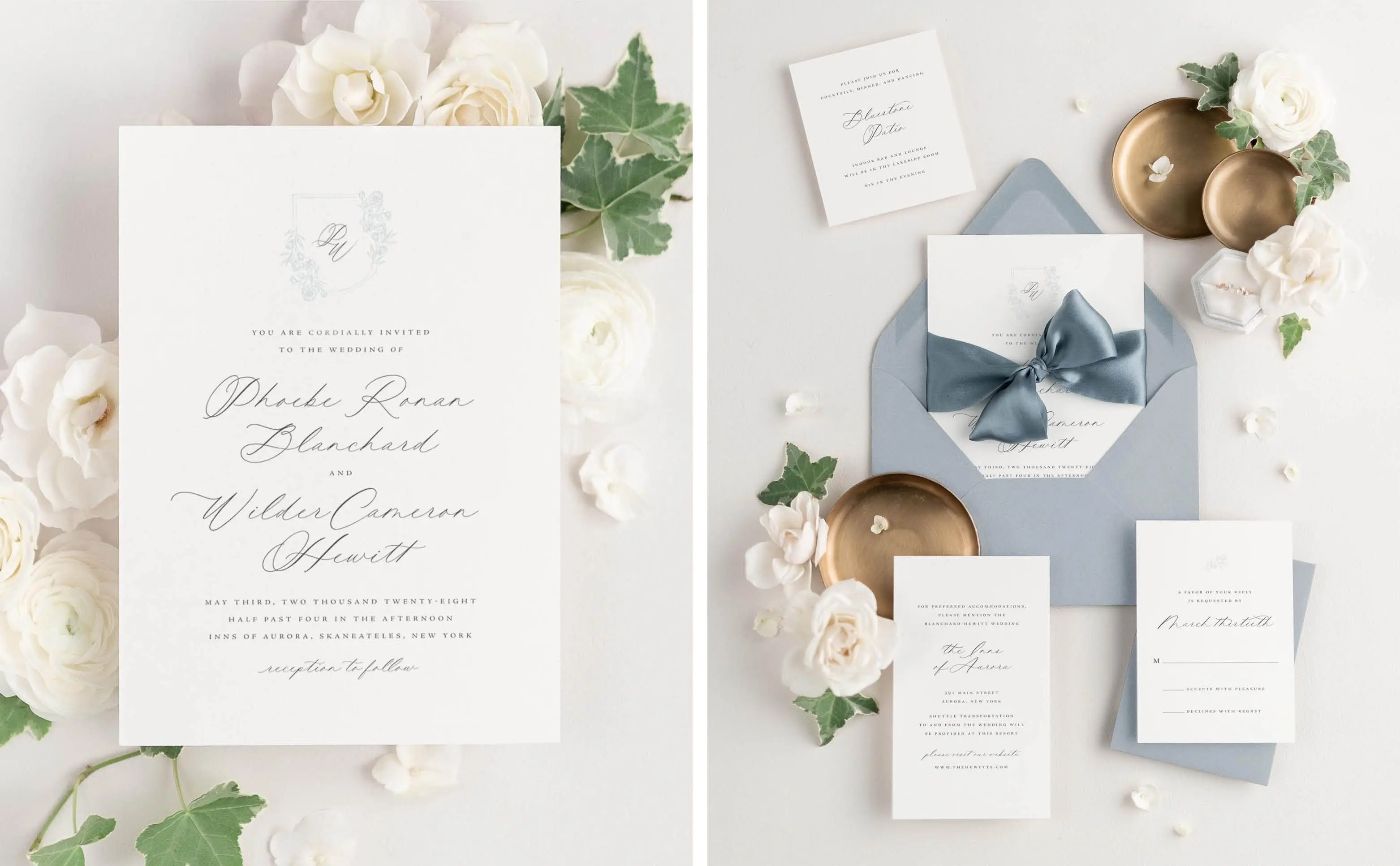 Phoebe Wedding Invitations with Cloud Monogram, Phoebe Wedding Invitation Suite with Dusty Blue Colored Envelopes and Steel Blue Ribbon
