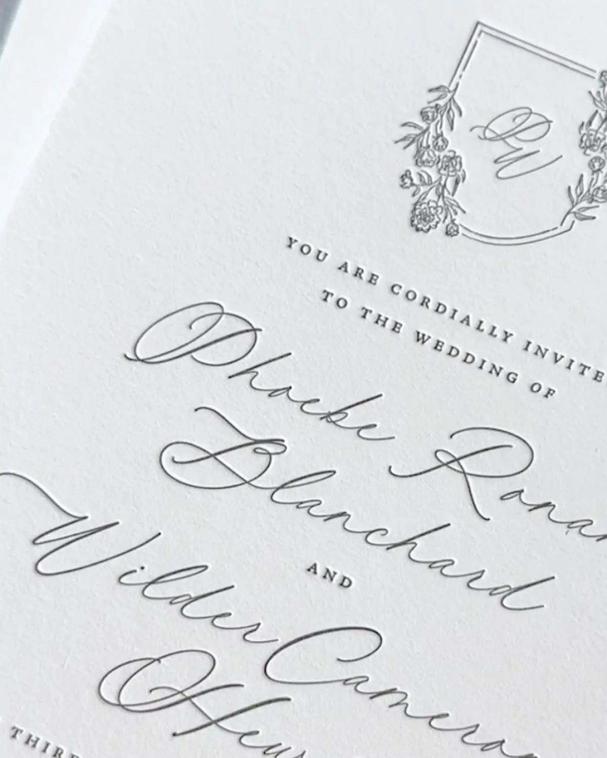 Phoebe Letterpress Wedding Invitation Script Font