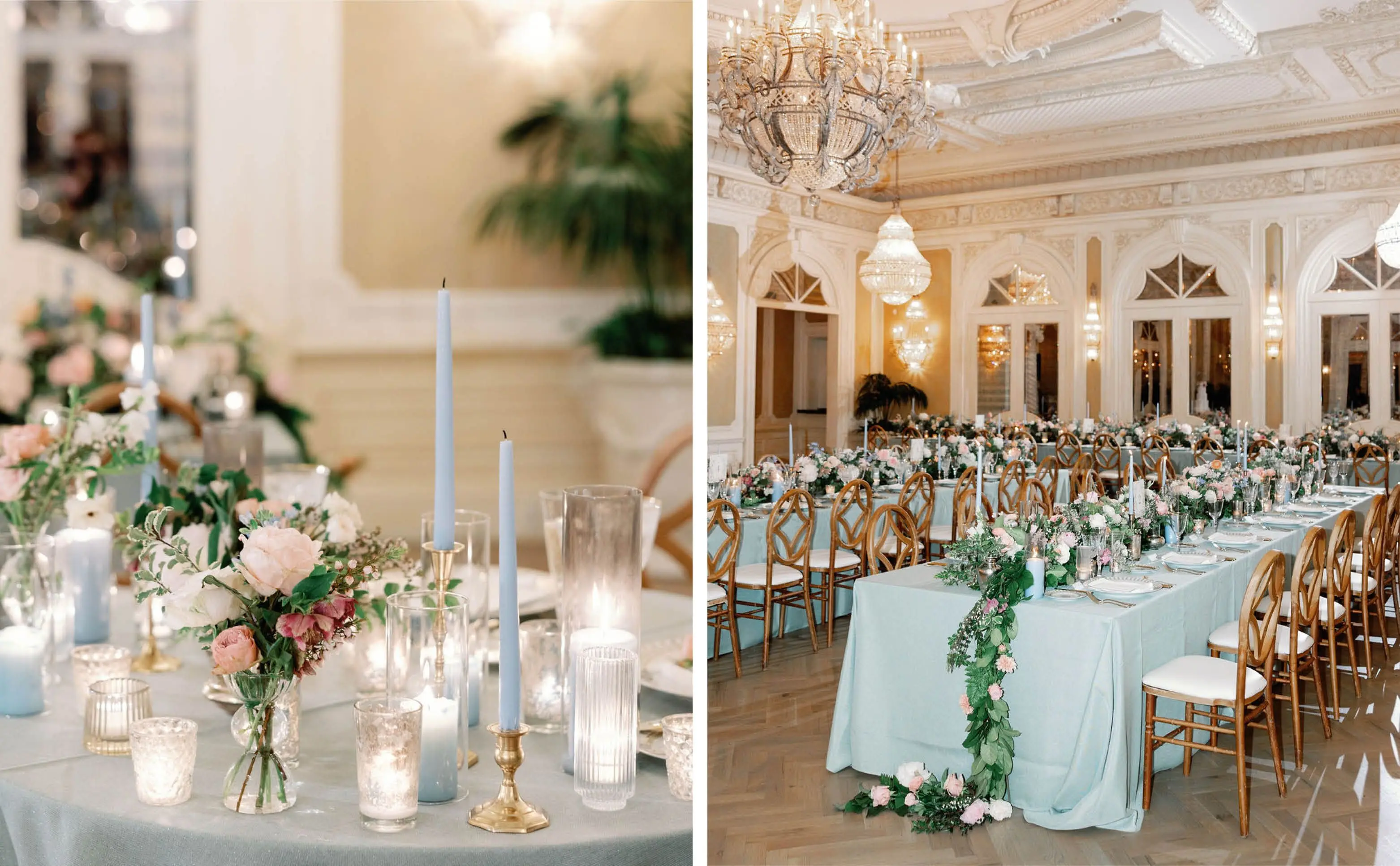 A Wedding Table with Candle Votives and Ice Blue Candlesticks in Gold Candlesticks | The Reception Space with Long Tables Dressed in Light Blue Linens