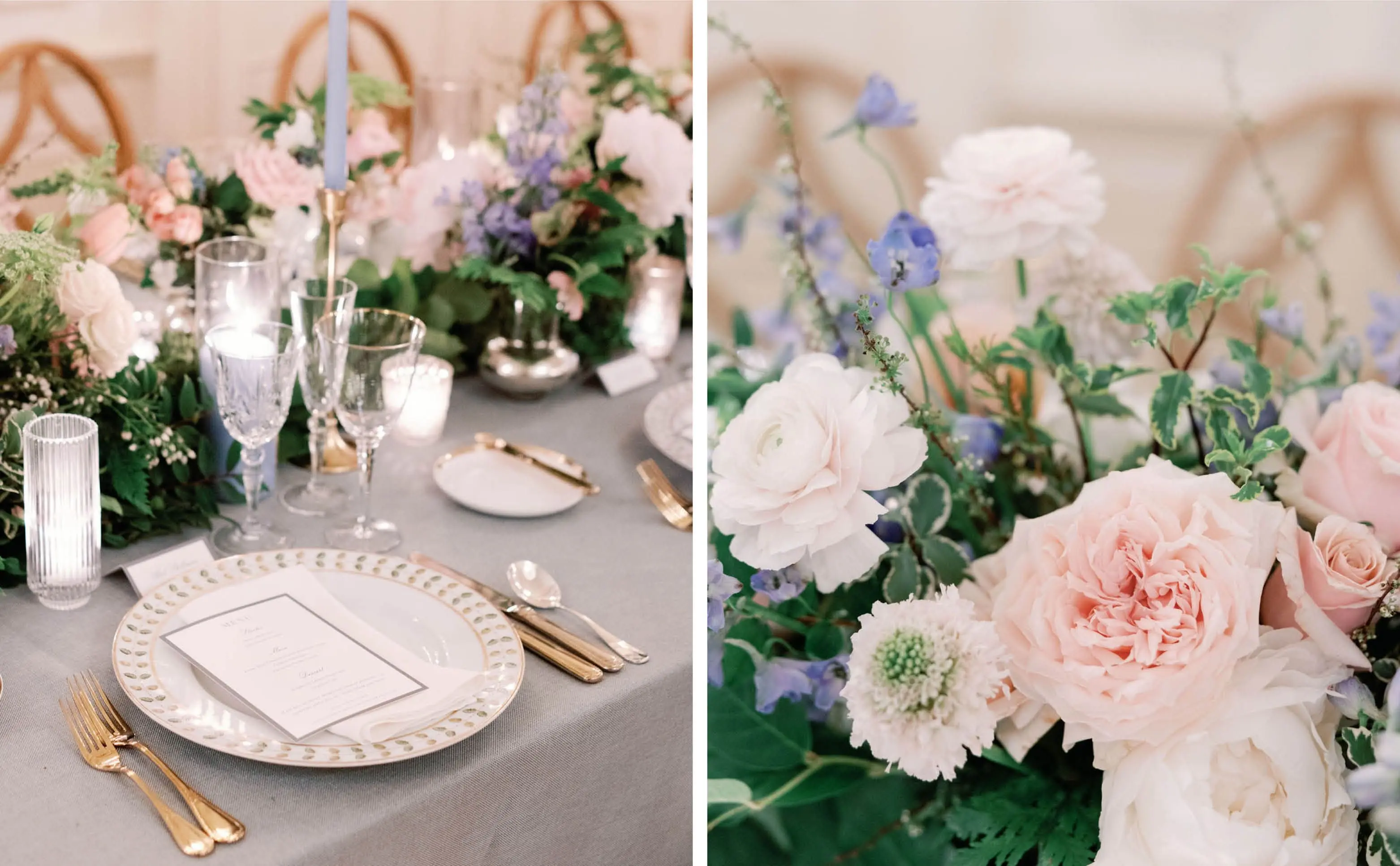 Wedding Place Settings with Menus | Floral Arrangement with Blush and Light Blue Flowers