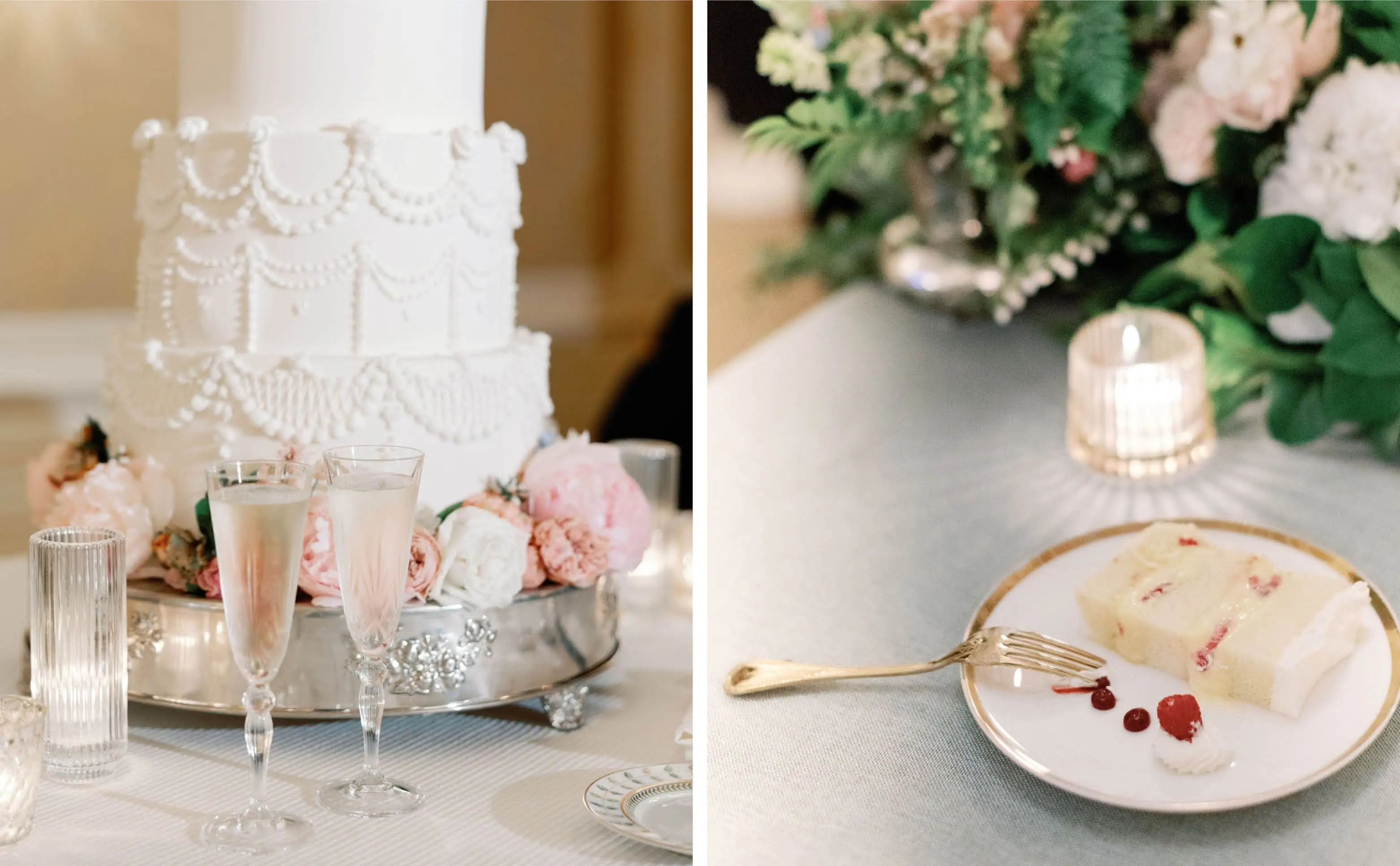 Champagne Flutes in Front of the Cake | A Slice of Wedding Cake