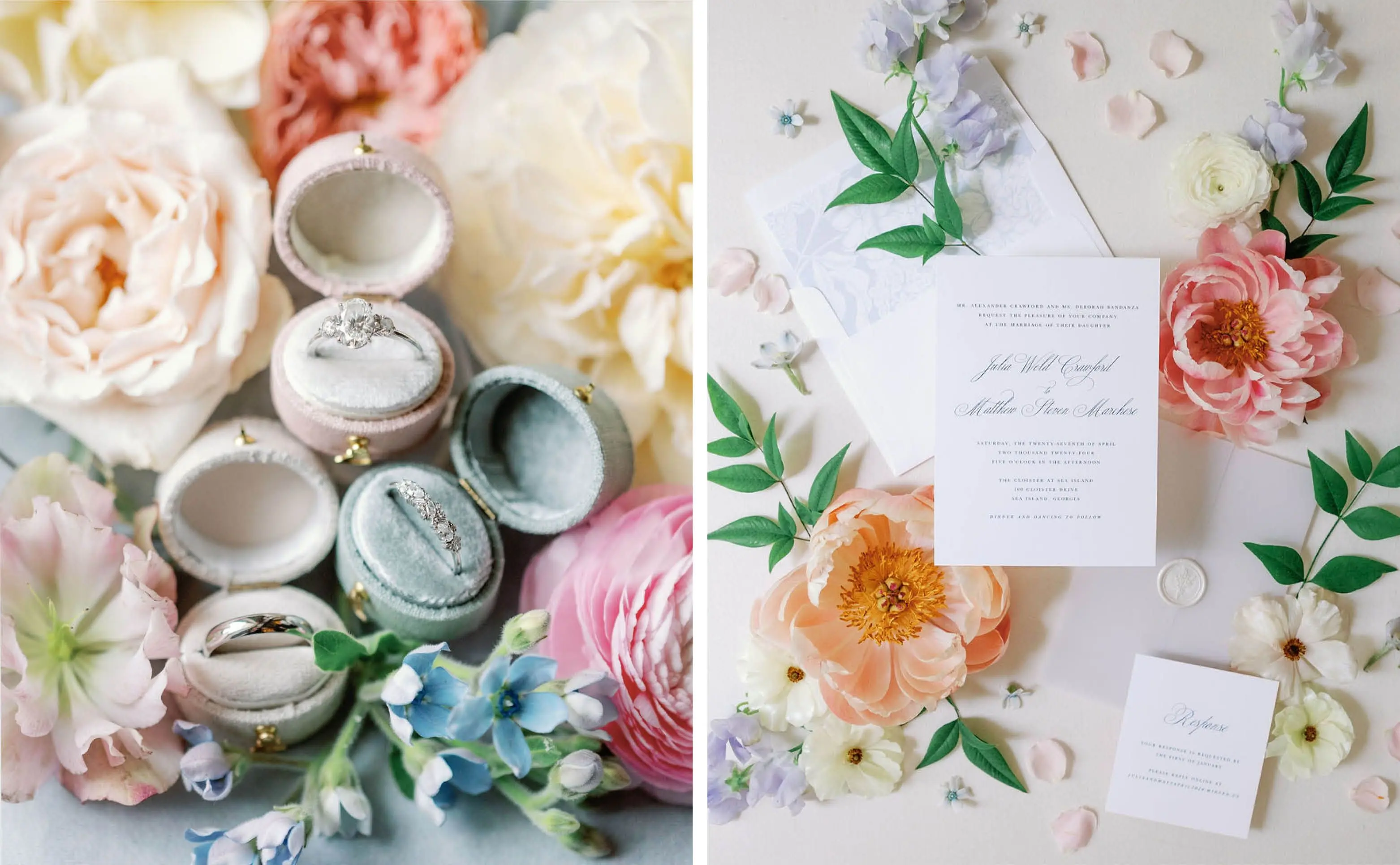 Wedding Rings Styled in Pastel Ring Boxes | Penelope Wedding Invitations with Ice Blue Hydrangea Envelope Liners and Vellum Jackets and Pearl Posy Wax Seals