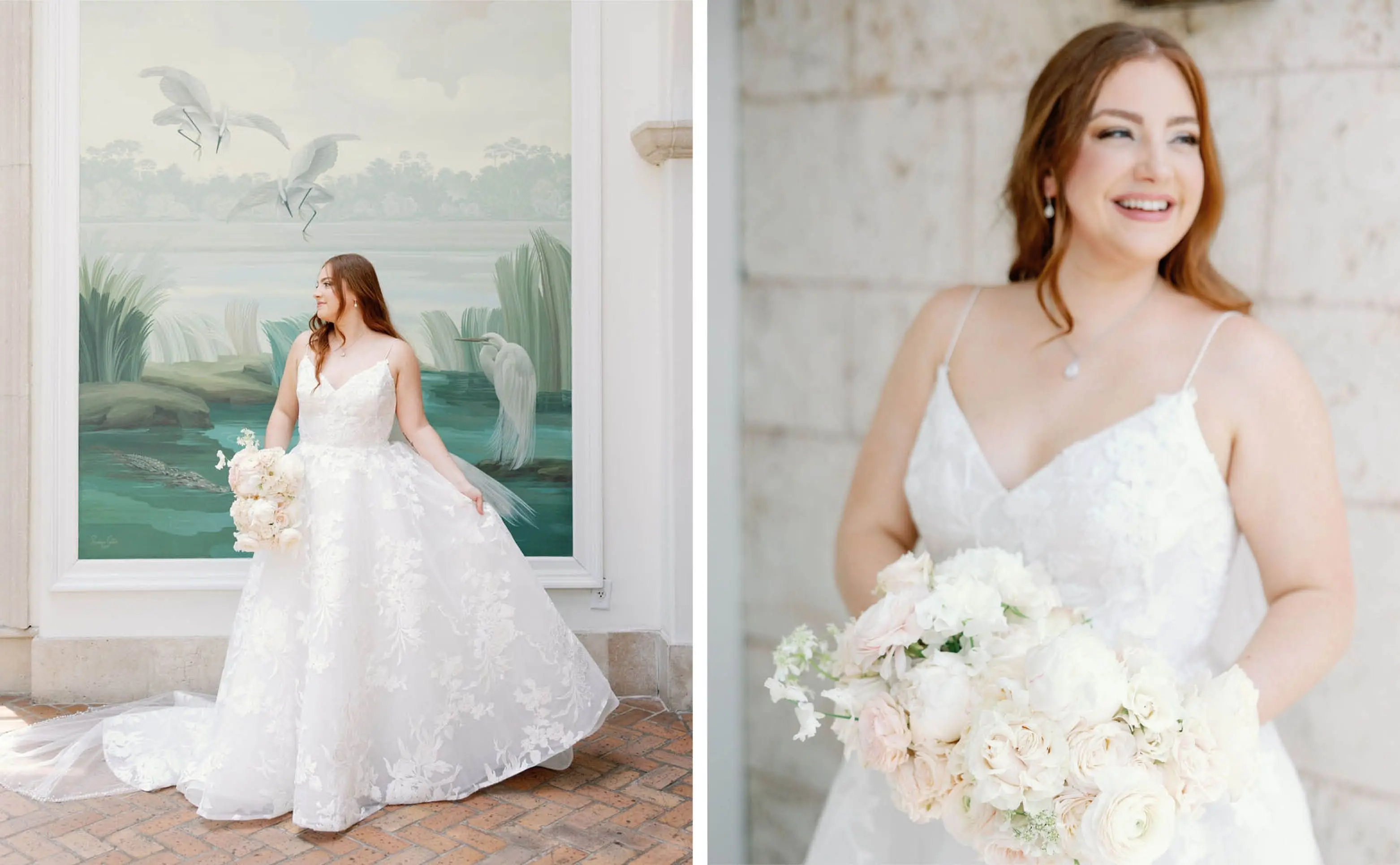 The Bride Standing in Front of a Painting | Closeup of the Bride with Her Bouquet