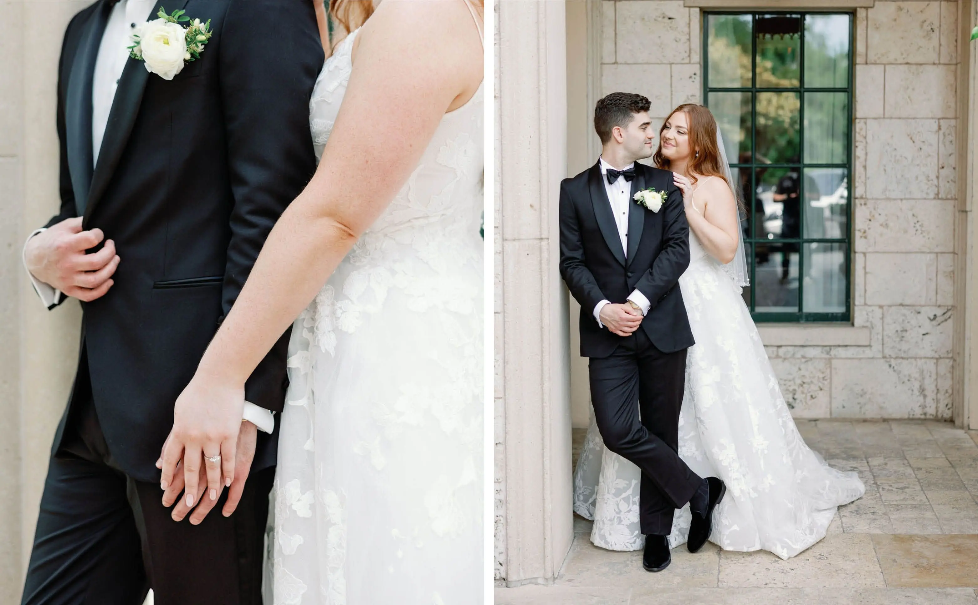 The Bride and Groom Holding Hands | The Bride and Groom Leaning Against a Wall Looking at Each Other