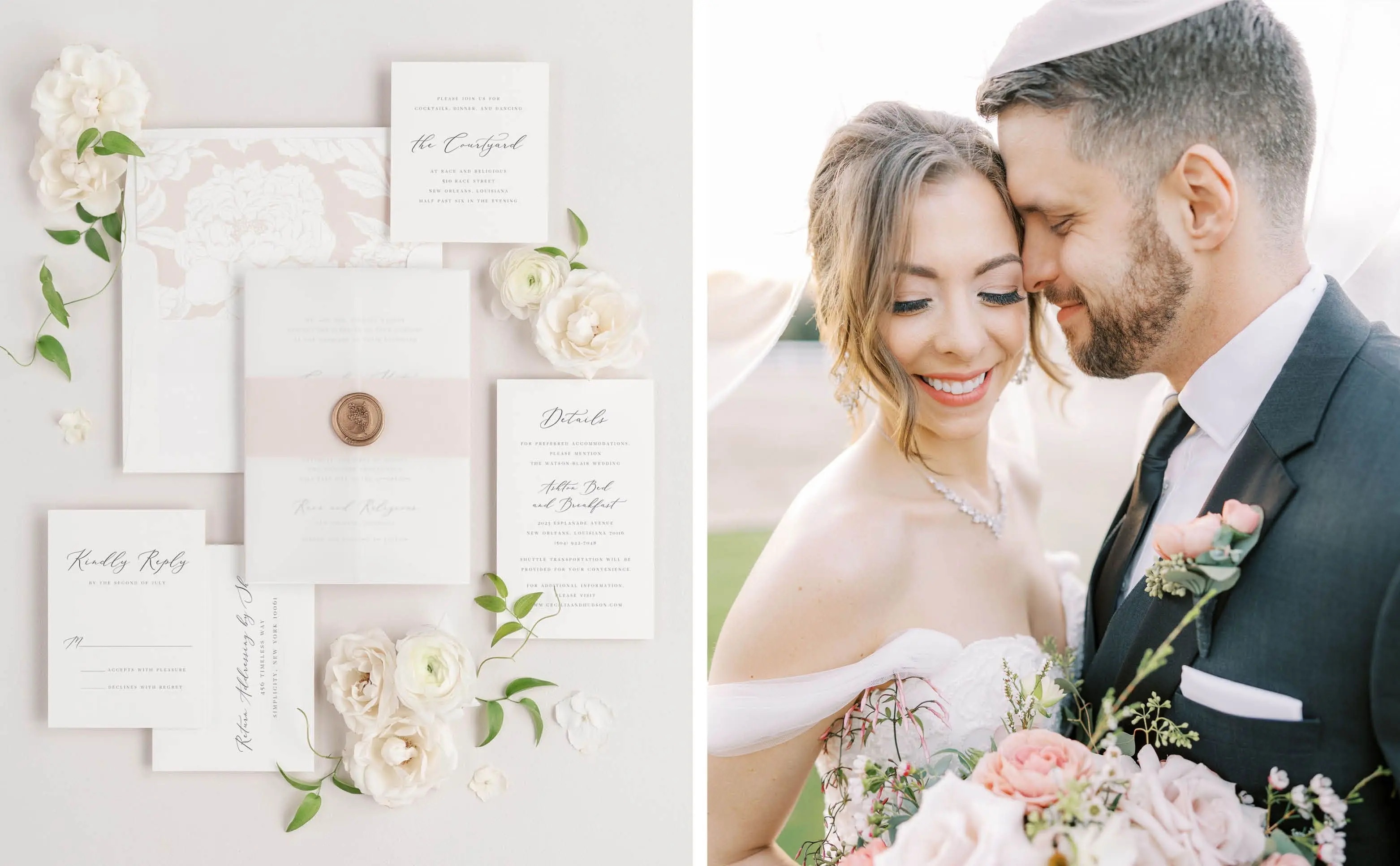 Cecilia Wedding Invitations, Bride and Groom with the Bride's Bouquet