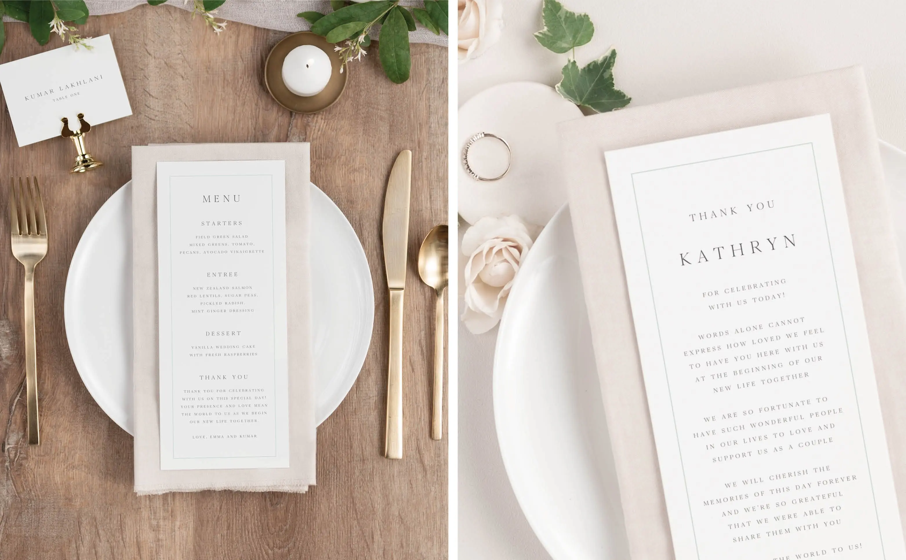 Emma Wedding Menus with Thank You section, Emma Wedding Menus with Name Printing, used as a Thank Your Card