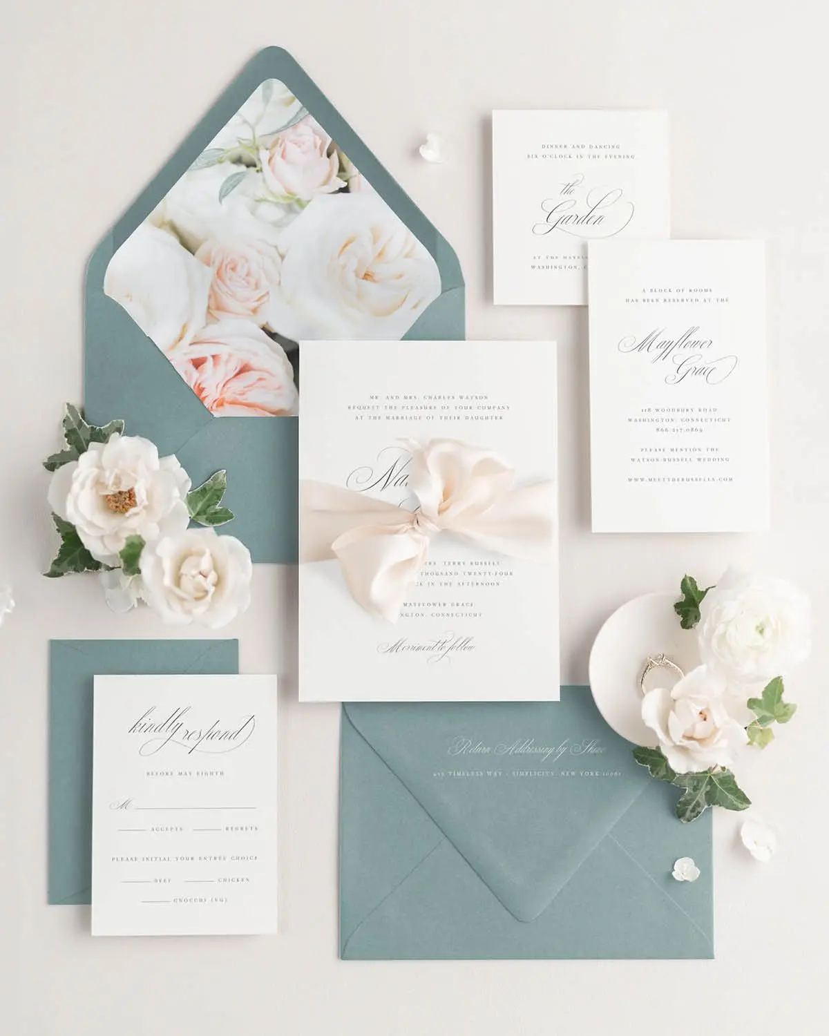 Nadia Wedding Invitations shown with Lagoon envelopes and Josephine envelope liners