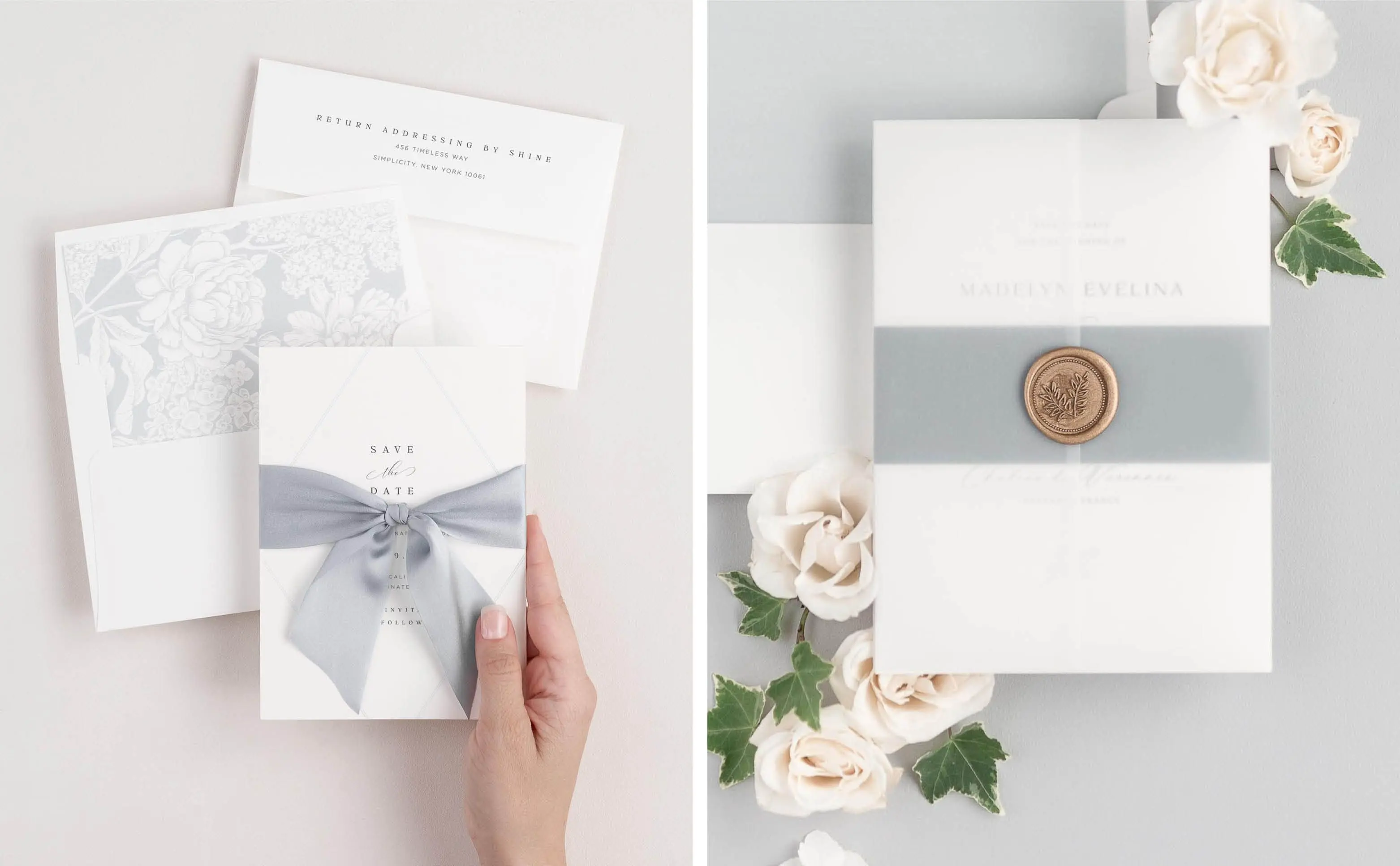 Bethany Save the Date with Whisper Ribbon | Madelyn Save the Dates with a Belly Band and Gold Wreath Wax Seal