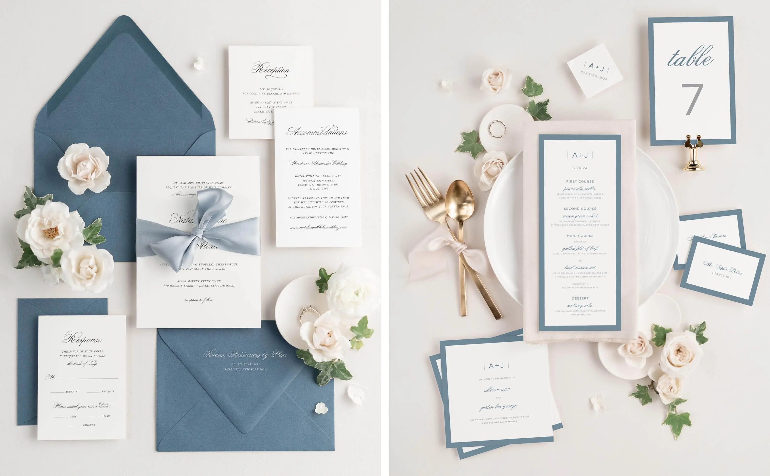 Classic Script Wedding Invitations with Chambray Envelopes | Sophisticated Modern Wedding Day Stationery