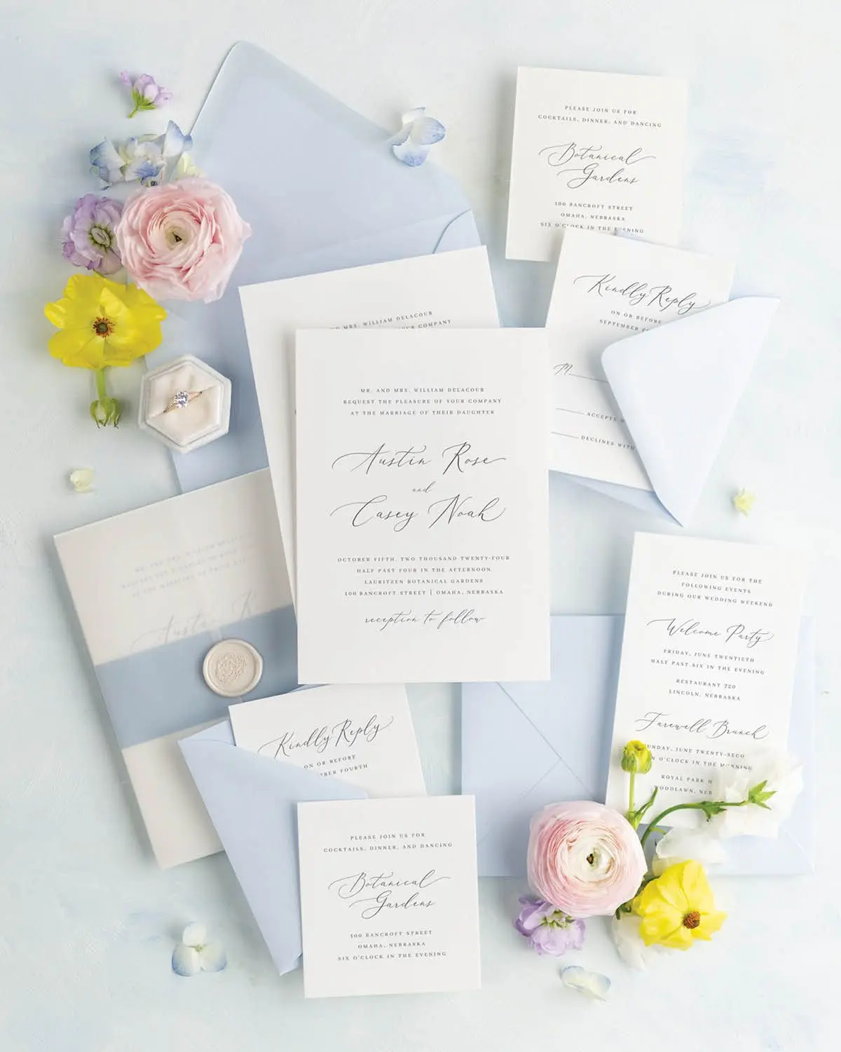 Austin Wedding Invitation Suite with Sky Envelopes and Pastel Florals