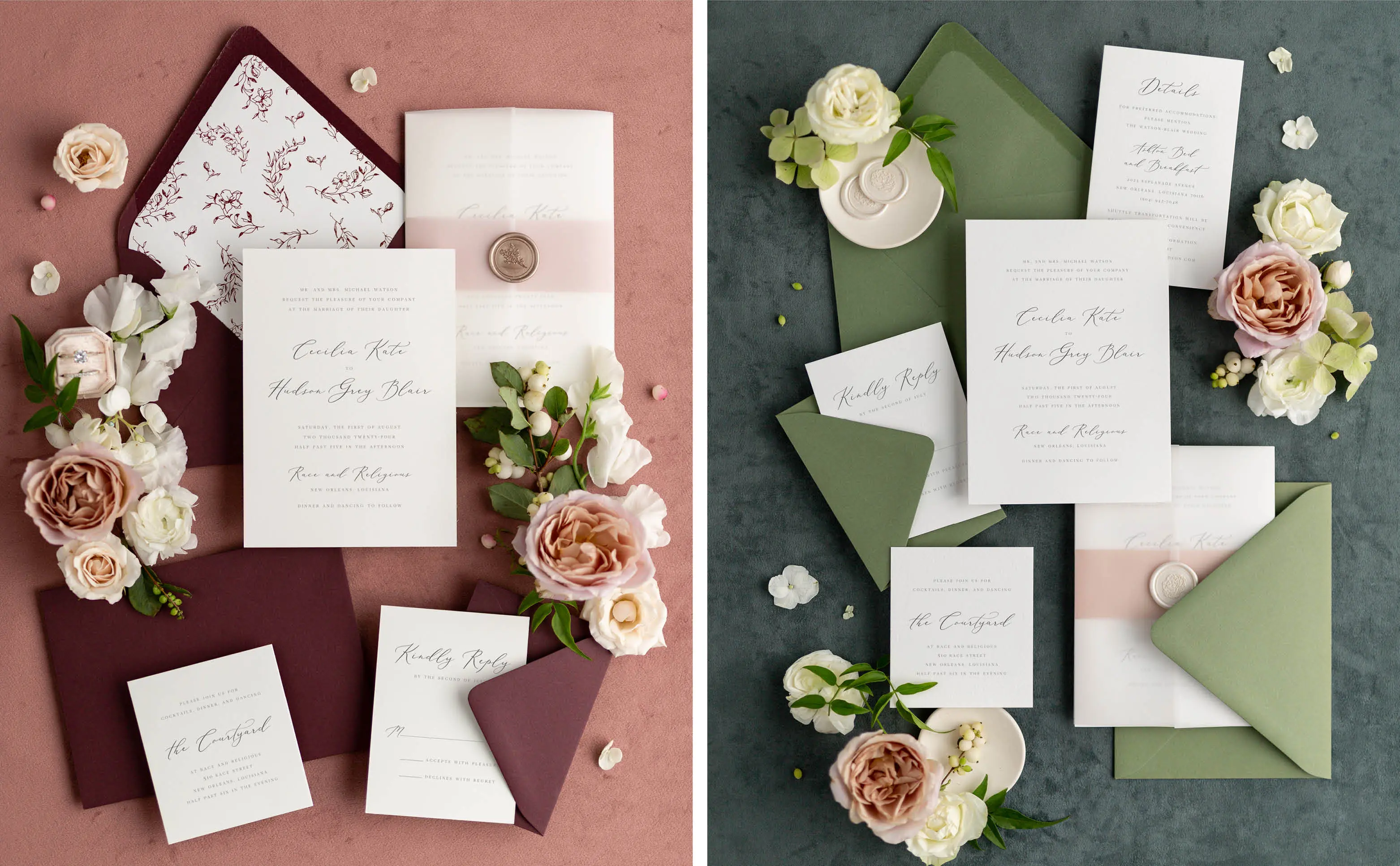 Cecilia Wedding Invitations Styled with Claret Envelopes and Seedling Envelopes