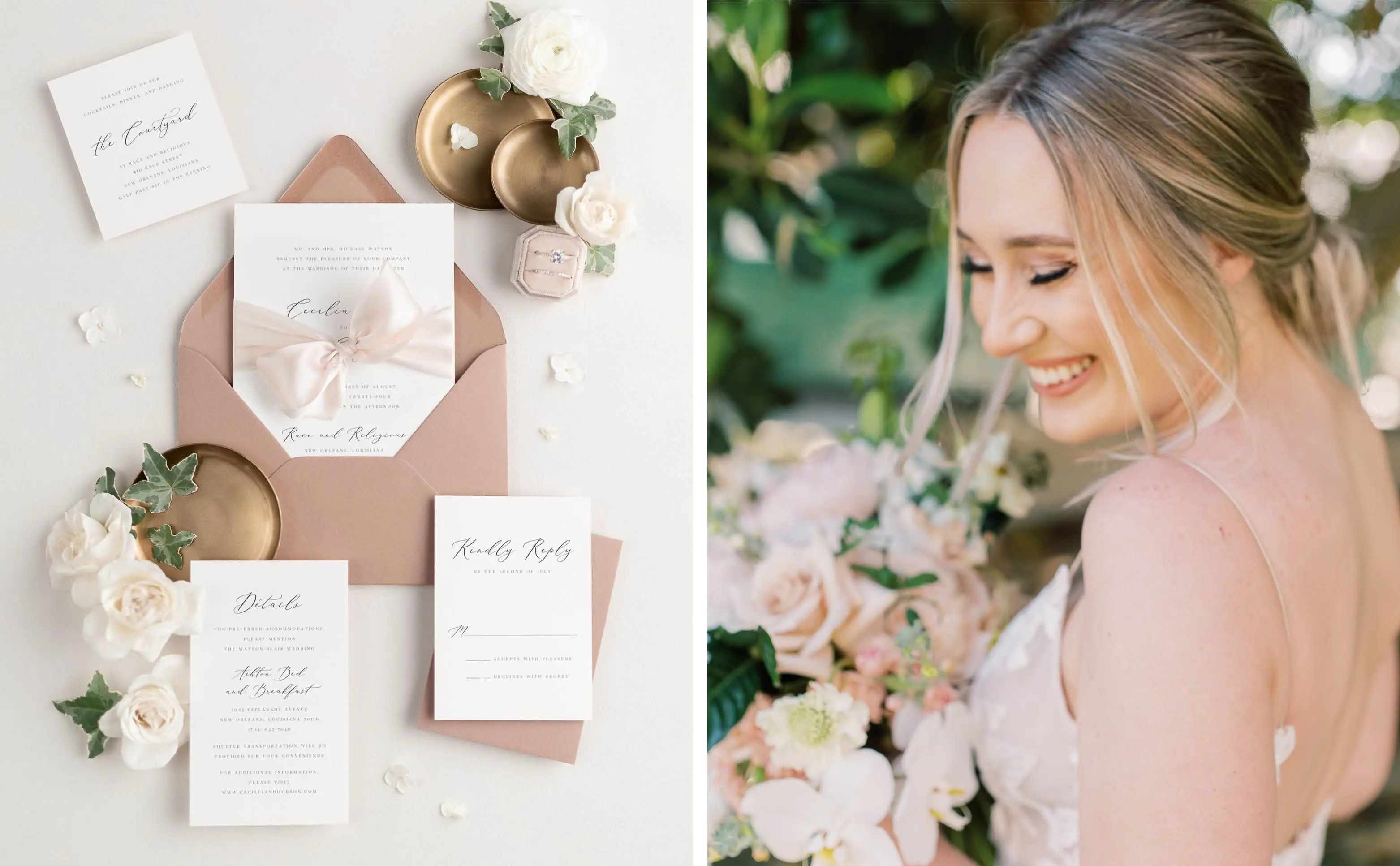 Cecilia Wedding Invitations with Cedarwood Envelopes | Bride with Bouquet