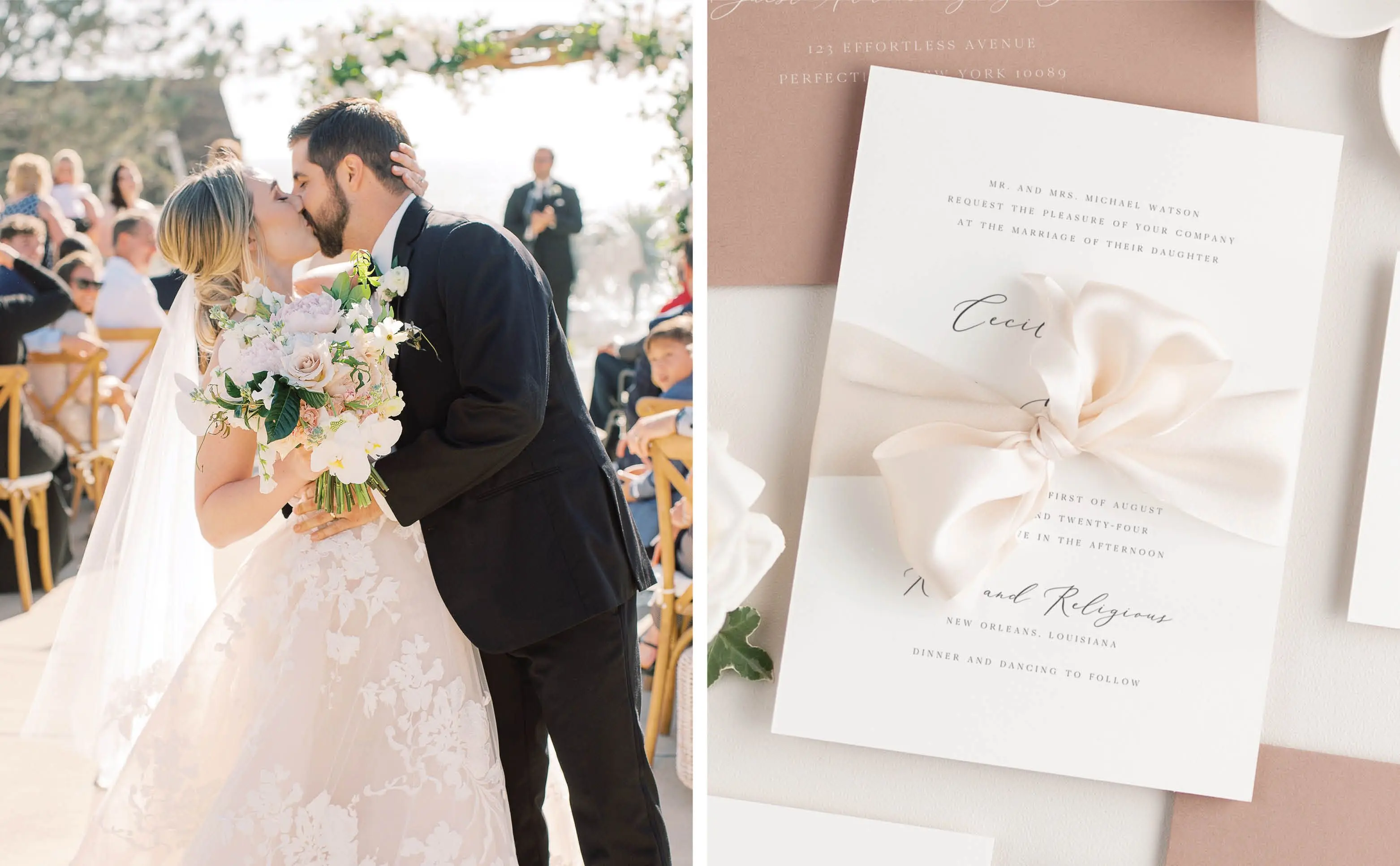 Bride and Groom | Cecilia Wedding Invitation with Pale Pink Ribbon Bow