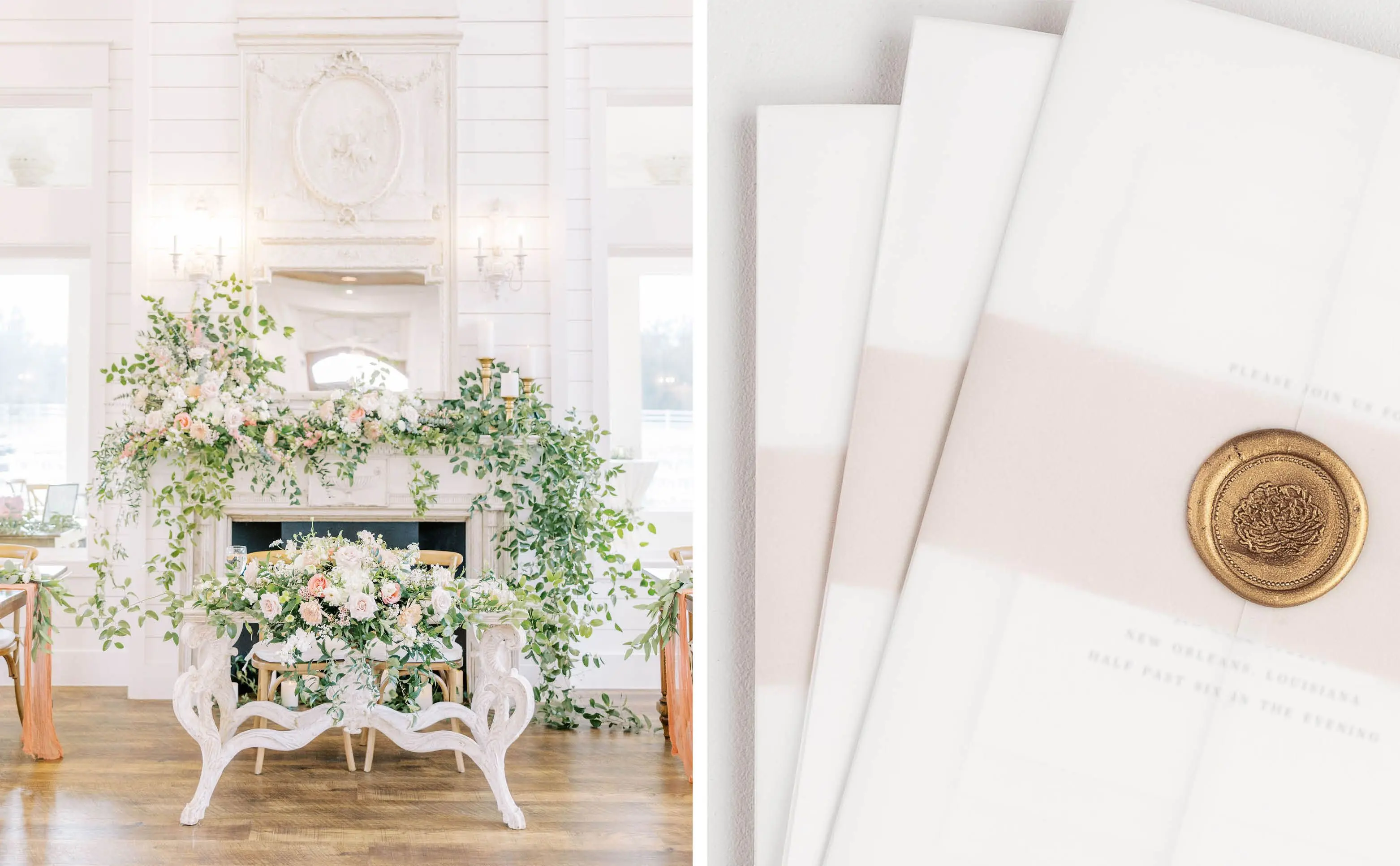 Sweetheart Table in a Ballroom Decorated with Flowers | Wedding Invitation with Vellum Jacket and Wax Seal