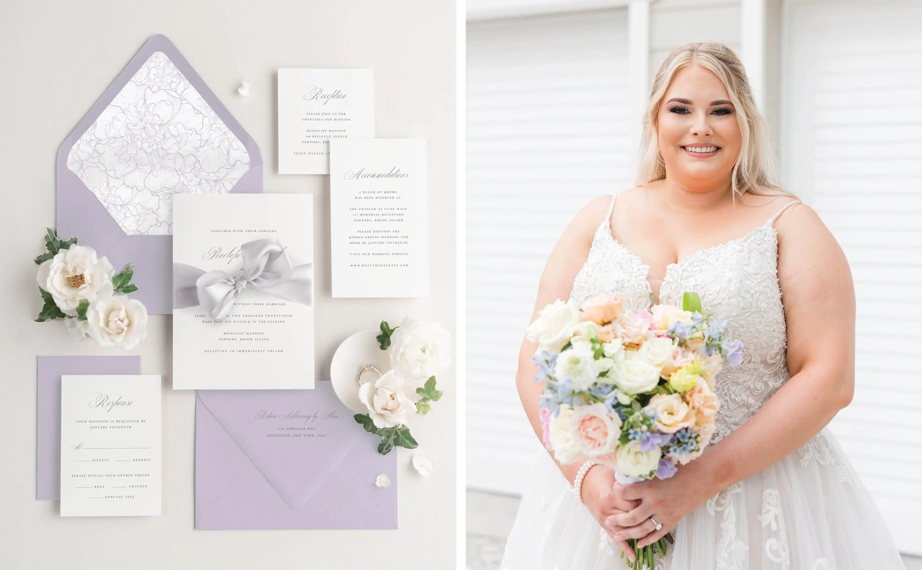 Penelope Wedding Invitations styled with light purple envelopes, lavender Peonies envelope liner, and Platinum Ribbon, a Bride holding a bridal bouquet featuring pastel colors