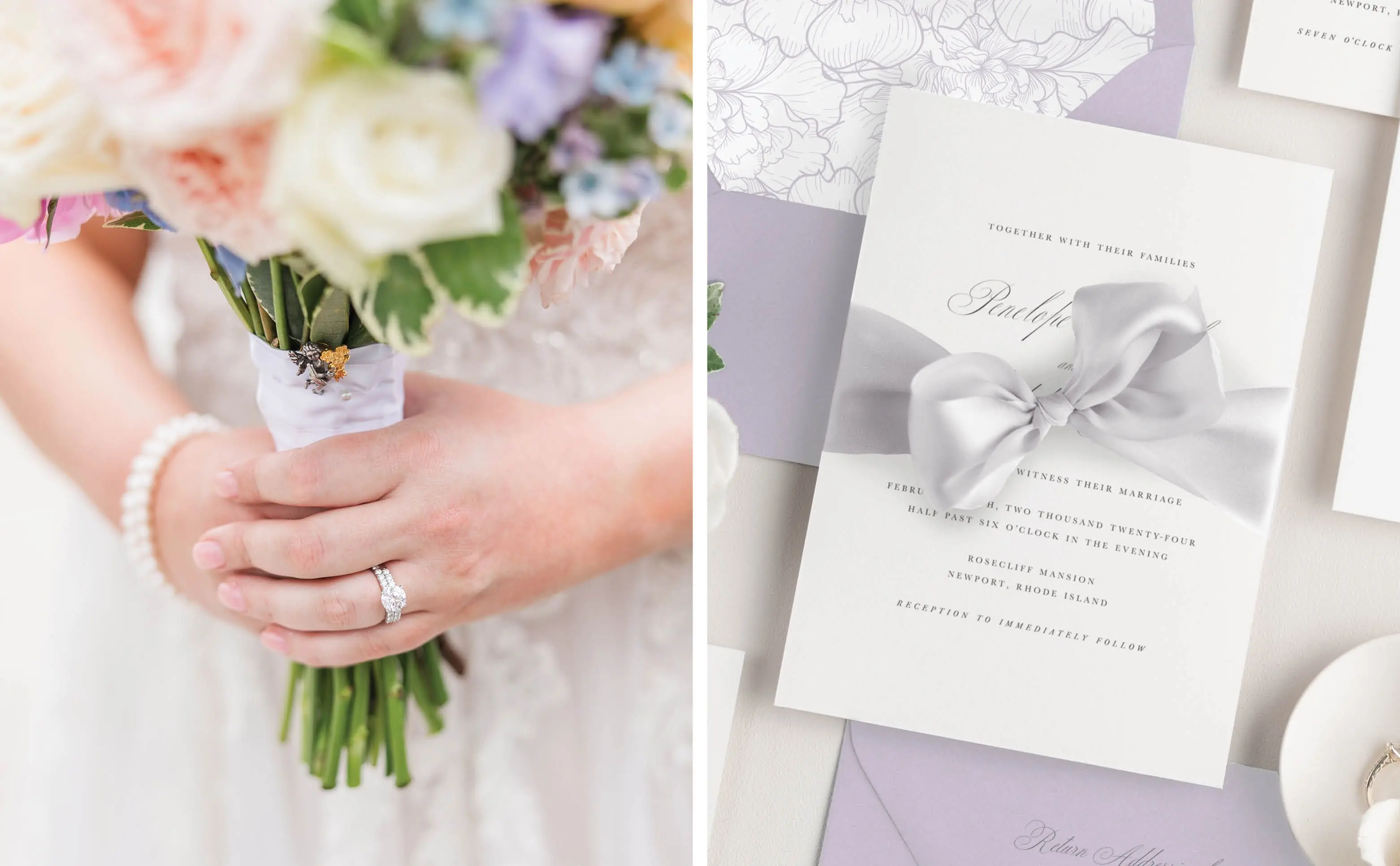 Bride's hands holding a bridal bouquet, Penelope Wedding Invitations with Platinum silk ribbon