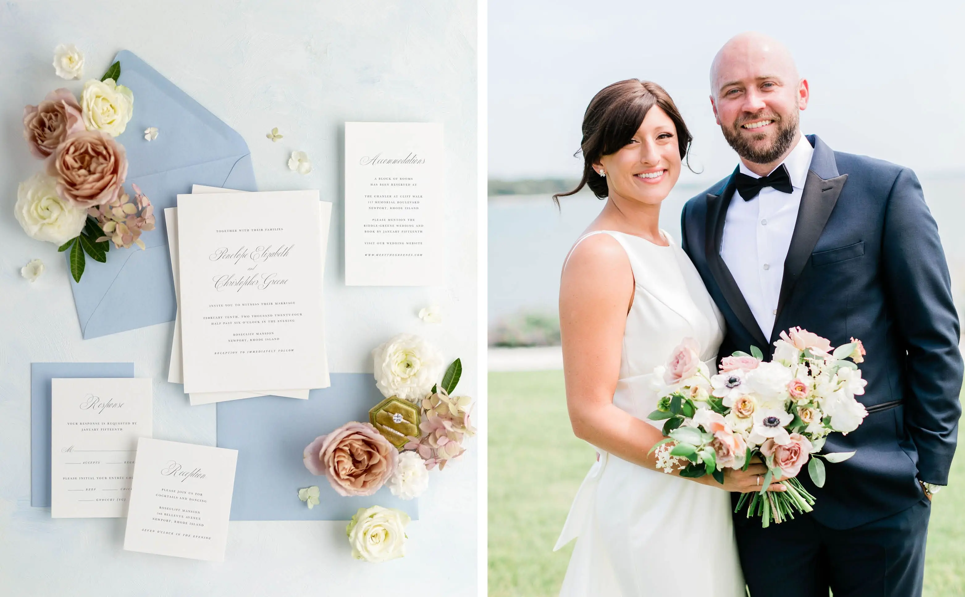 Penelope Wedding Invitations styled with light blue Envelopes, a Bride and Groom smiling at the camera