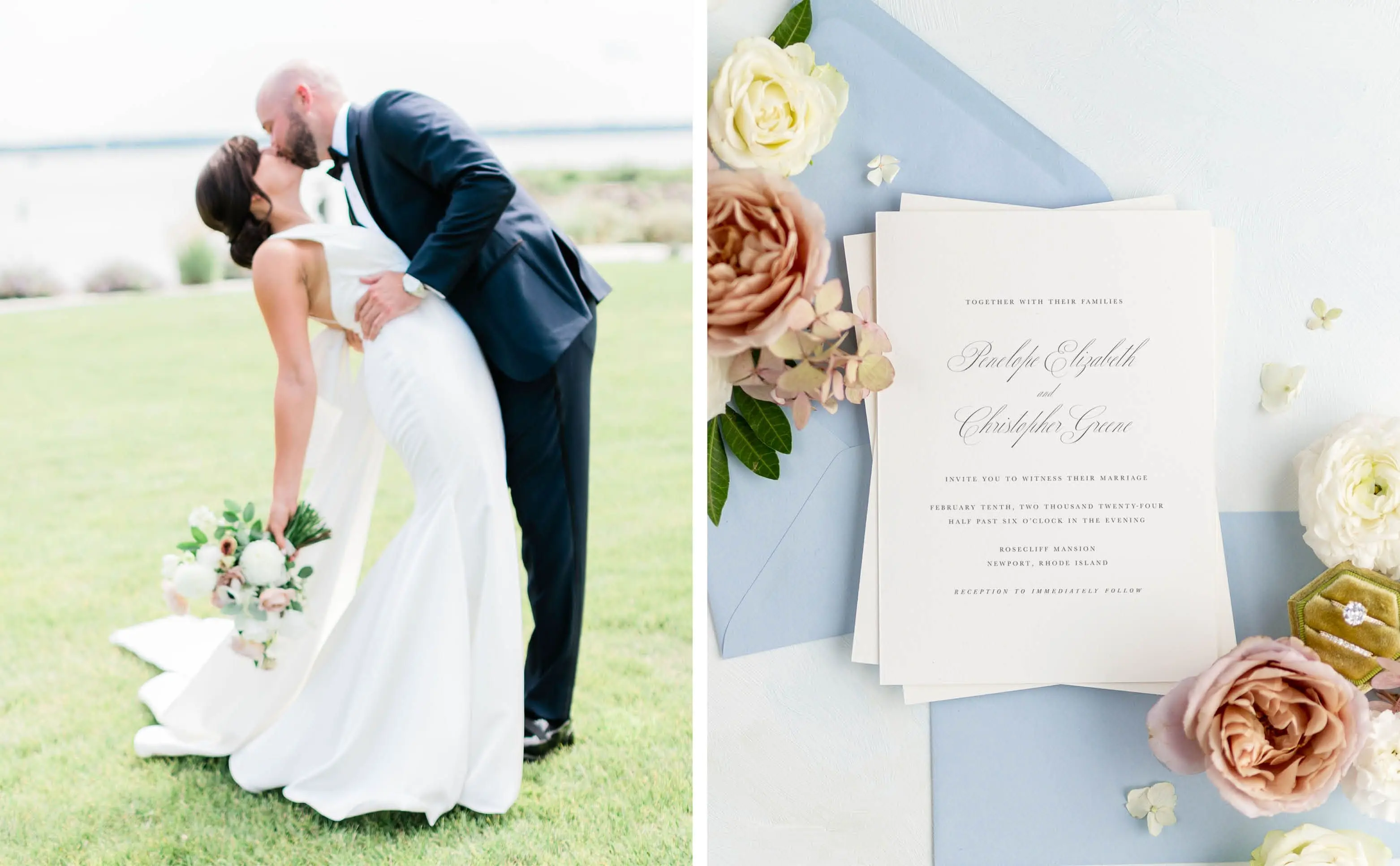 The groom dips the bride for a kiss, Penelope Wedding Invitation styled with light blue envelopes