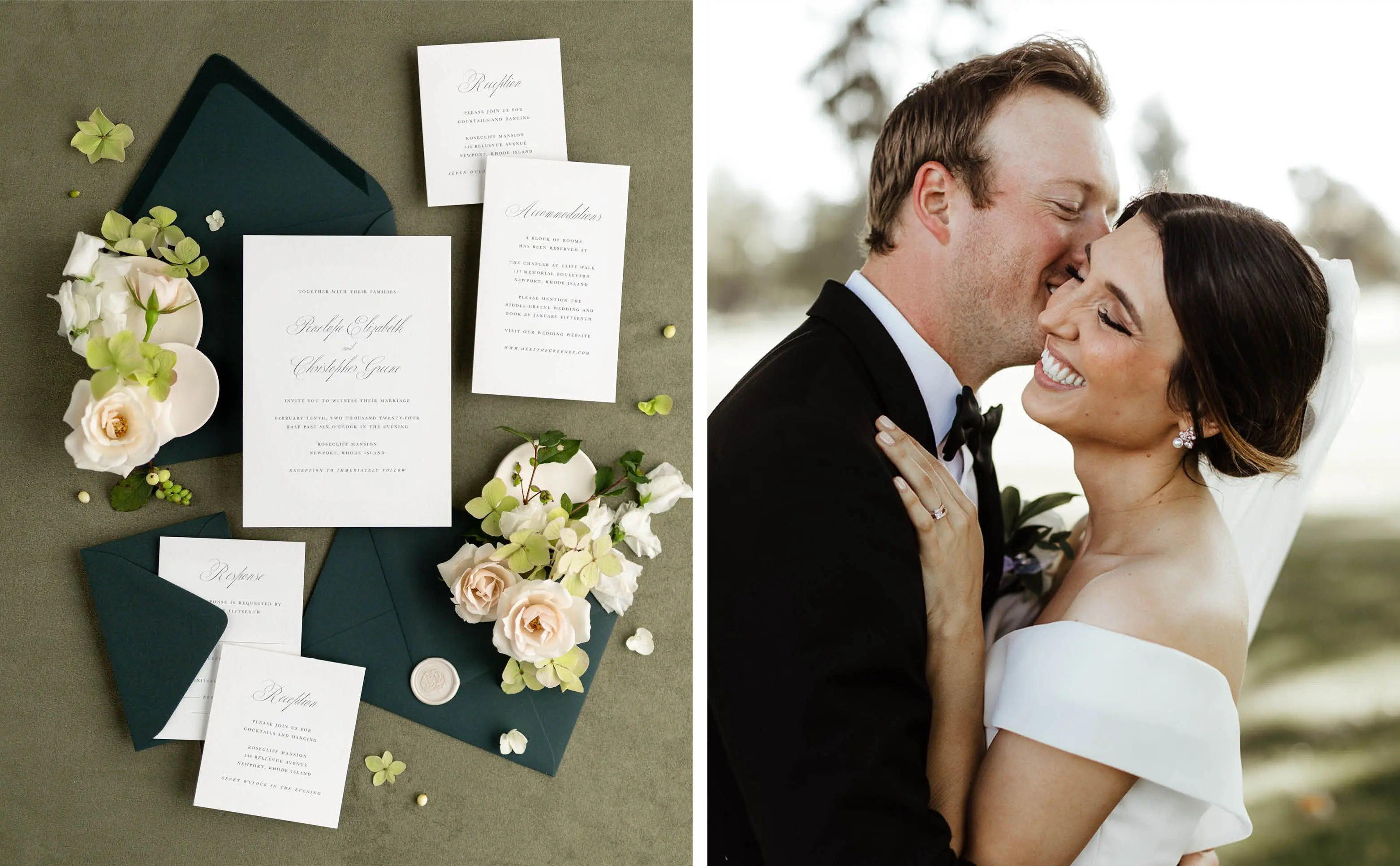 Penelope Wedding Invitations styled with dark green envelopes and Pearl Florette wax seals, A Bride and Groom share smiles on their wedding day