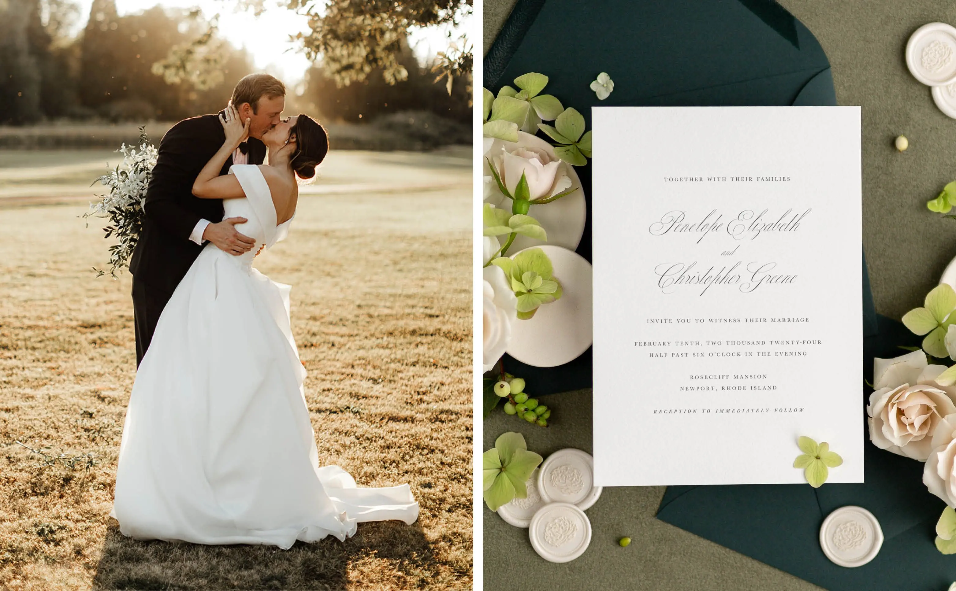 A Bride and Groom share a kiss at golden hour, Penelope Wedding Invitation styled with dark green envelopes