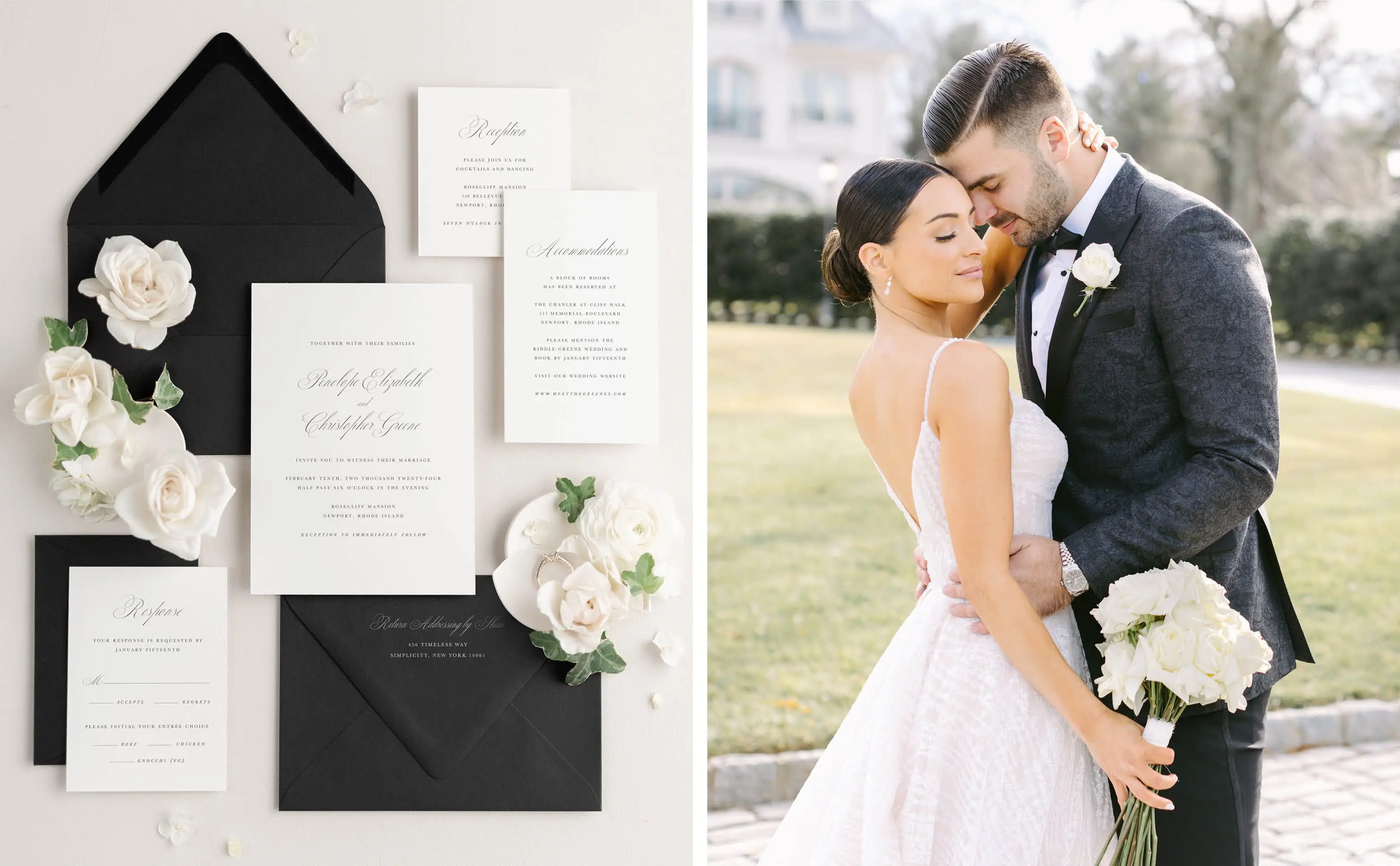 Penelope Wedding Invitations styled with black envelopes, A Bride and Groom embrace outside their wedding venue