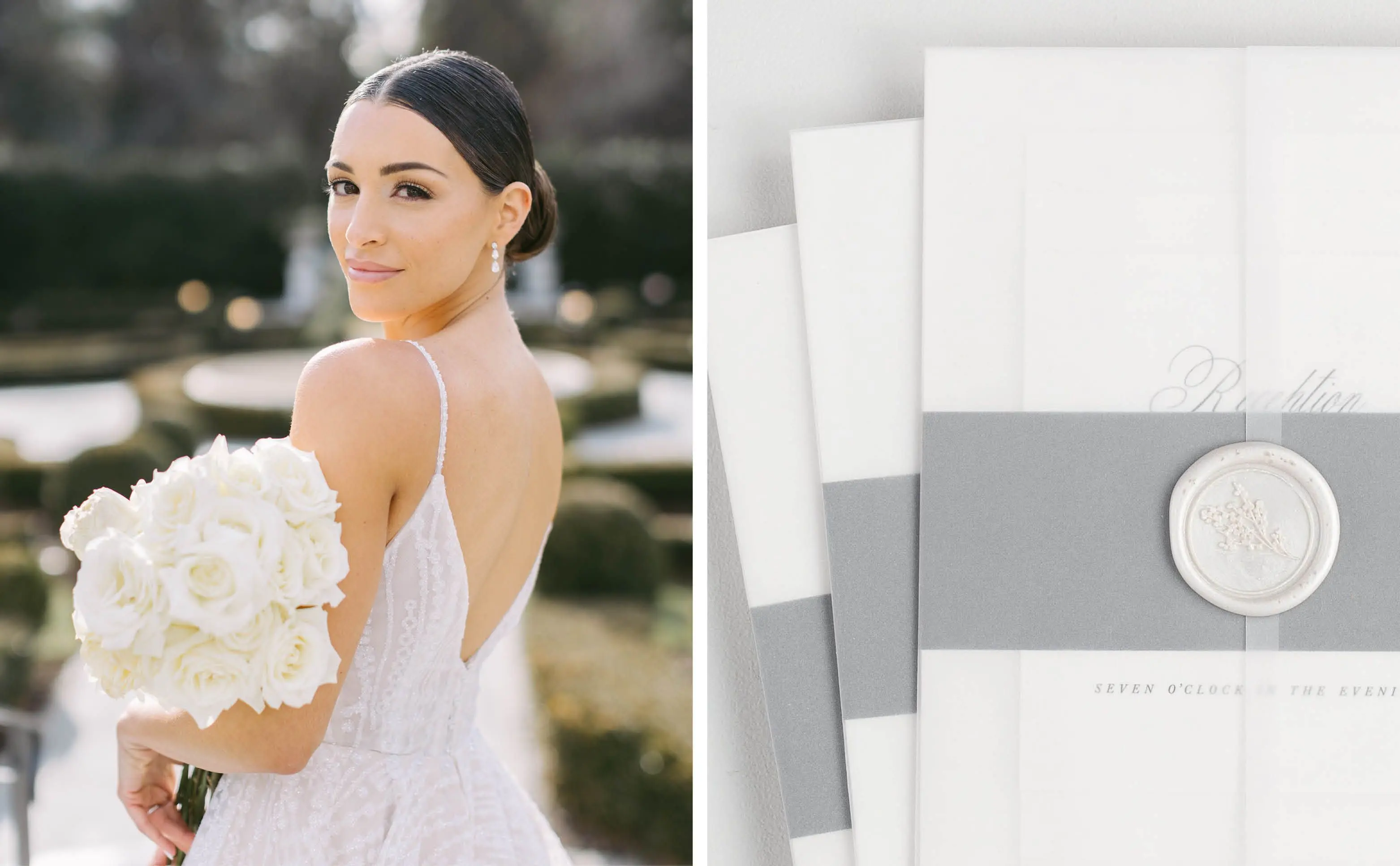 A Bride holding her bouquet of long-stem white roses, Penelope Wedding Invitation Suites assembled with a charcoal gray belly band, vellum jackets, and pearl posy wax seal